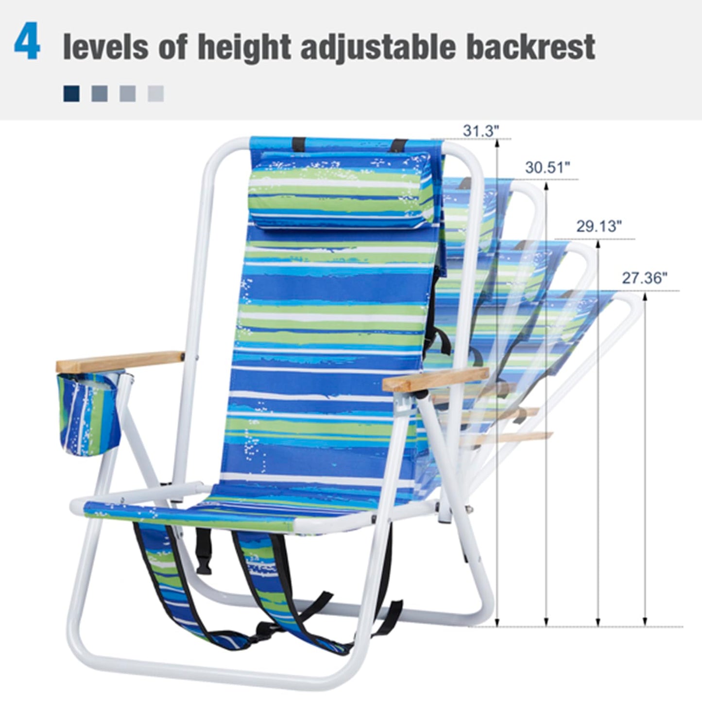 Folding Beach Chair Set for Adults,4 Position Portable Backpack Foldable Camping Chair with Headrest Cup Holder and Wooden Armrests,Adjustable high Beach Lounge Chairs for Outdoor (1PCSStripes)