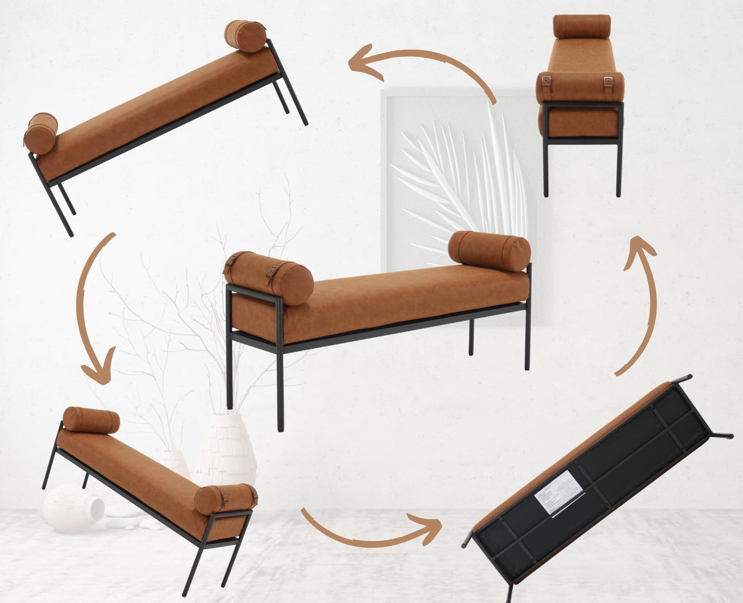 Shunzhi Brown Leather Modern End of Bed Bench Upholstered Entryway Bench with Detachable Cylindrical Pillows/Metal Legs PU Ottoman Bench for Living Room/Bedroom/Hallway/Corner, 55Inch