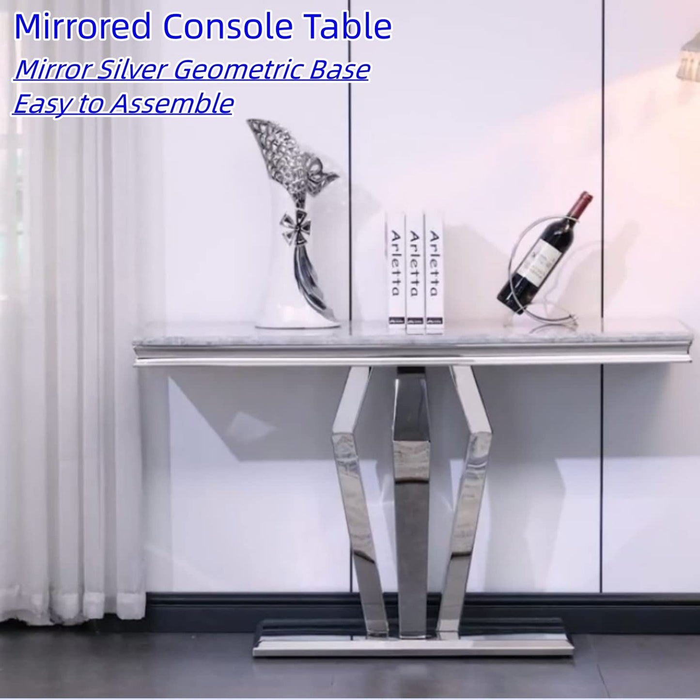 ACEDÉCOR Silver Console Table, Mirrored Sofa Table with Geometric Base, 50 inch Rectangular Grey Console Table for Entryway, Living Room, Office, Coffee Bar, Front Hall, Hallway