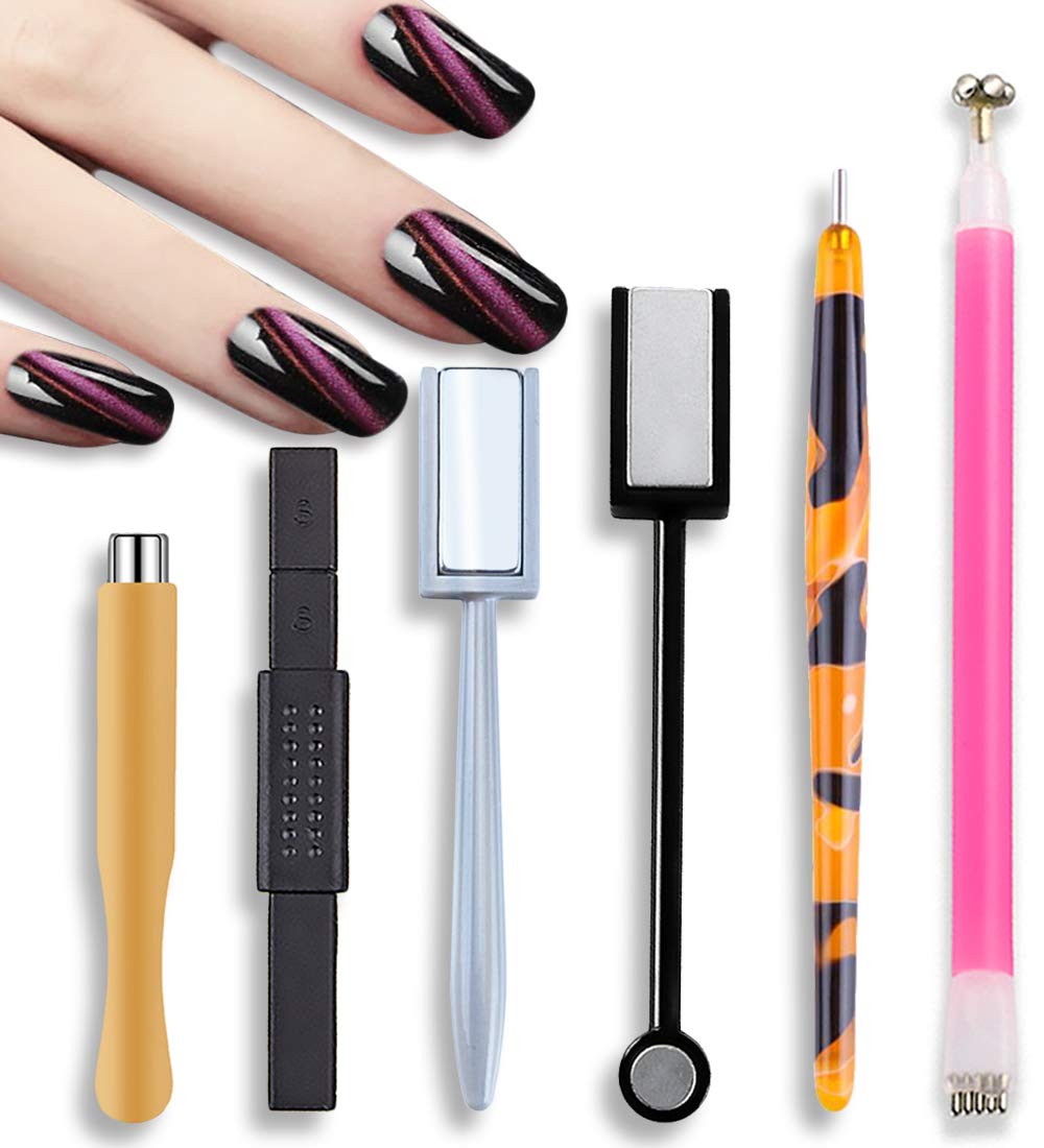 SILPECWEE 6Pcs Nail Magnet Cat Eye Magnet for Nails Magnetic Nail Polish Pen Nail Design Kit Magnets Stick Manicure Magnetic Stand Nail Art Tools Nails Accessories