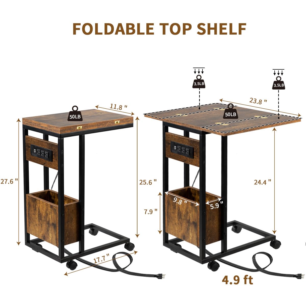 Hadulcet C Shaped End Table with Charging Station & Foldable Tabletop, Folding TV Tray Table with Storage, Rolling TV Trays, C Table for Sofa, Living Room Bedroom Small Spaces, Rustic Brown