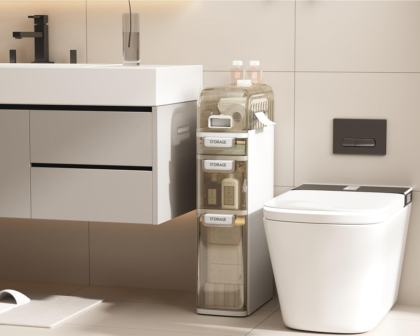 Seeday 3 Tier Slim Bathroom Storage Cabinet, Narrow Organizer with Wheels and Toilet Paper Holder, Waterproof, No Assembly Required, Perfect for Small Spaces in Bathroom, Kitchen and Bedroom