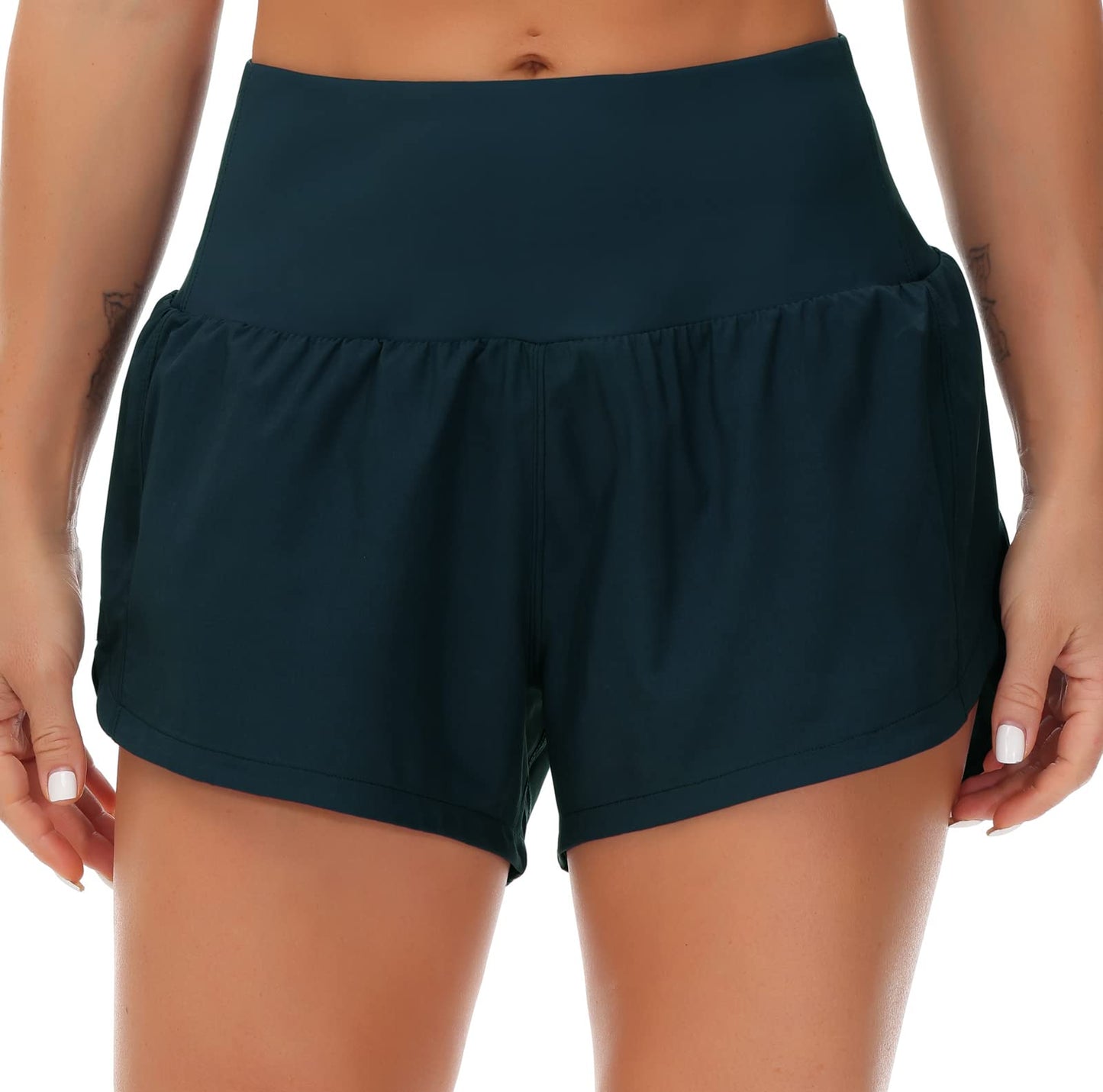 THE GYM PEOPLE Womens High Waisted Running Shorts Quick Dry Athletic Workout Shorts with Mesh Liner Zipper Pockets(Dark Blue Green, Small)