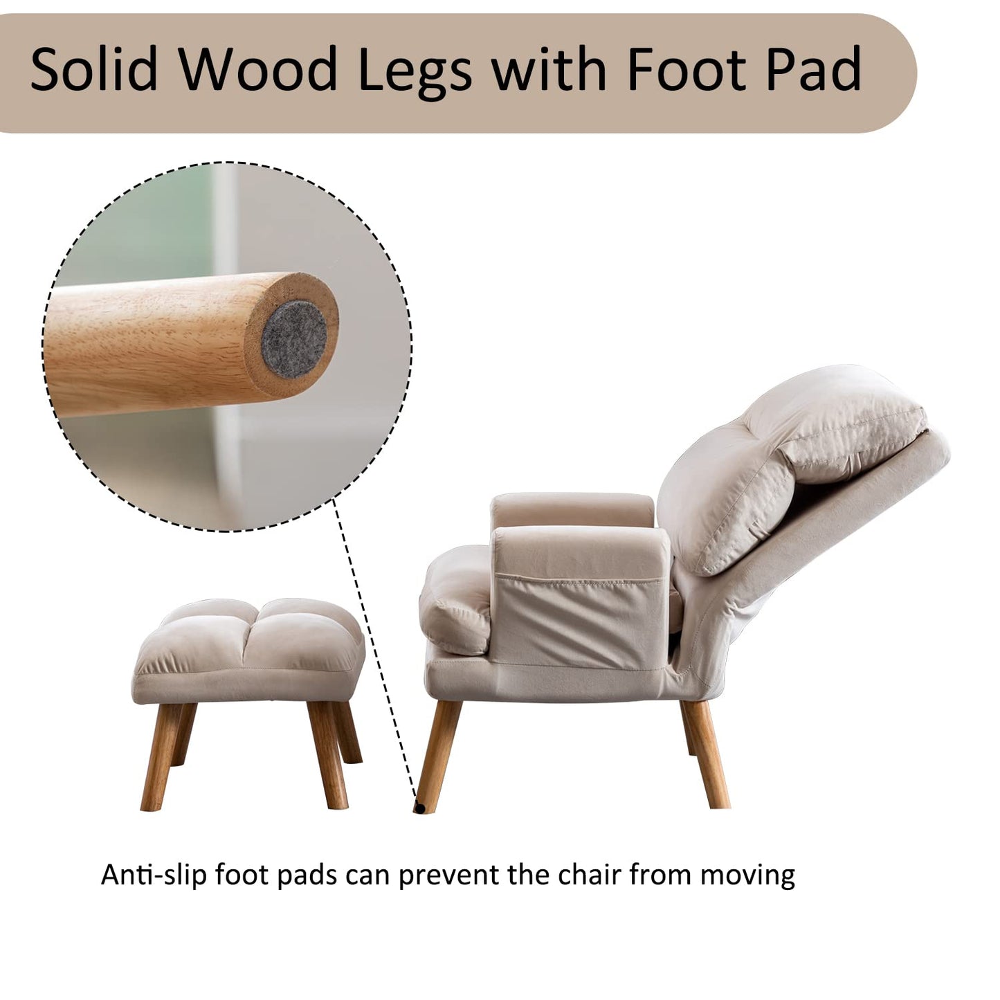 INZOY Accent Chairs with Ottoman, Velvet Fabric Armchair with Ottoman for Bedroom Living Room, Mid Century Modern Chair with Adjustable Backrest and Side Pockets, Beige