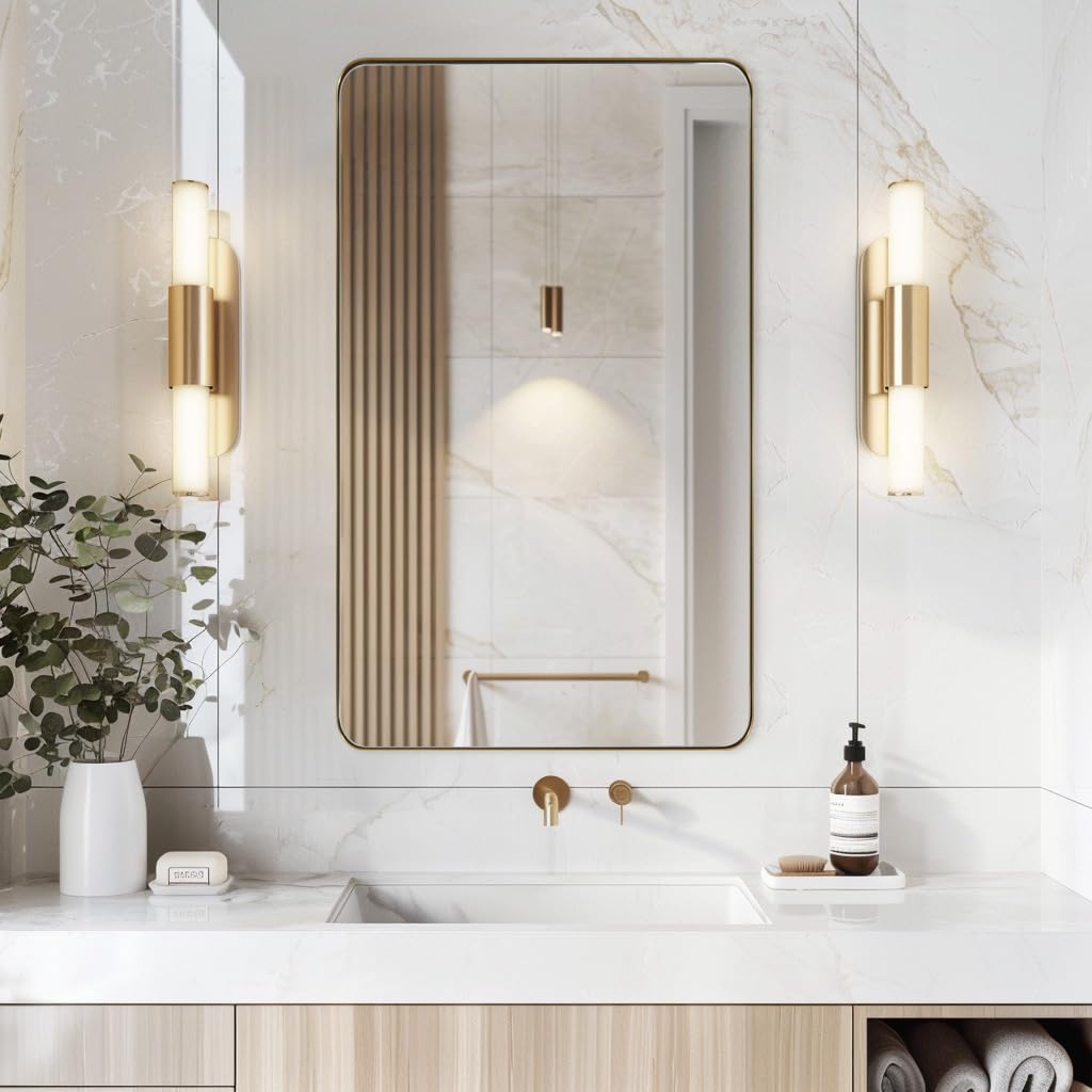 ANDY STAR 24x40 Inch Gold Bathroom Mirror, Stainless Steel Metal Frame with Rounded Corner, Rectangle Glass Panel Wall Mounted Mirror Decorative for Bathroom