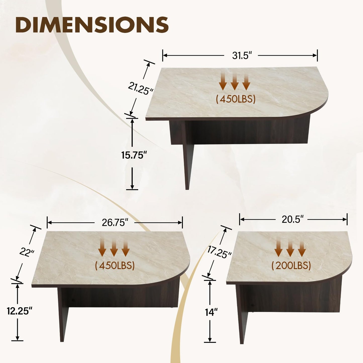 ChicAura Mid Century Modern Coffee Table Set of 3, Nesting Coffee Table with Marble Pattern Tabletop and Solid Wood Legs, Wood Side Tables for Living Room, Walnut