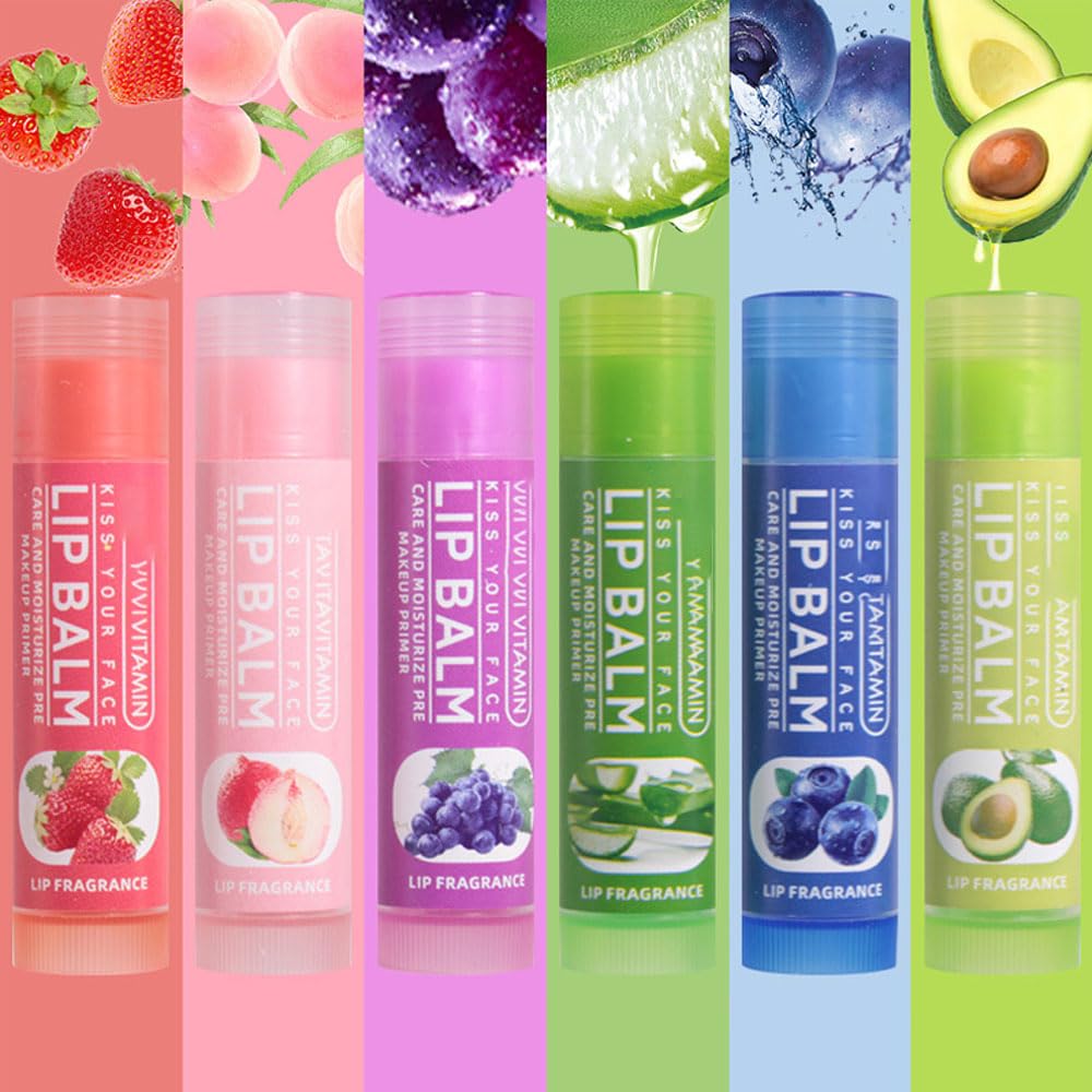 Nourishing Lip Balm Set for Dry & Chapped Lips, 6Pcs Ideal Lipstick Primer for Women, Deep Moisturization Fruit Chapstick, Vegan Tinted Lip Balm, Hydrating, Fall Winter Lip Care