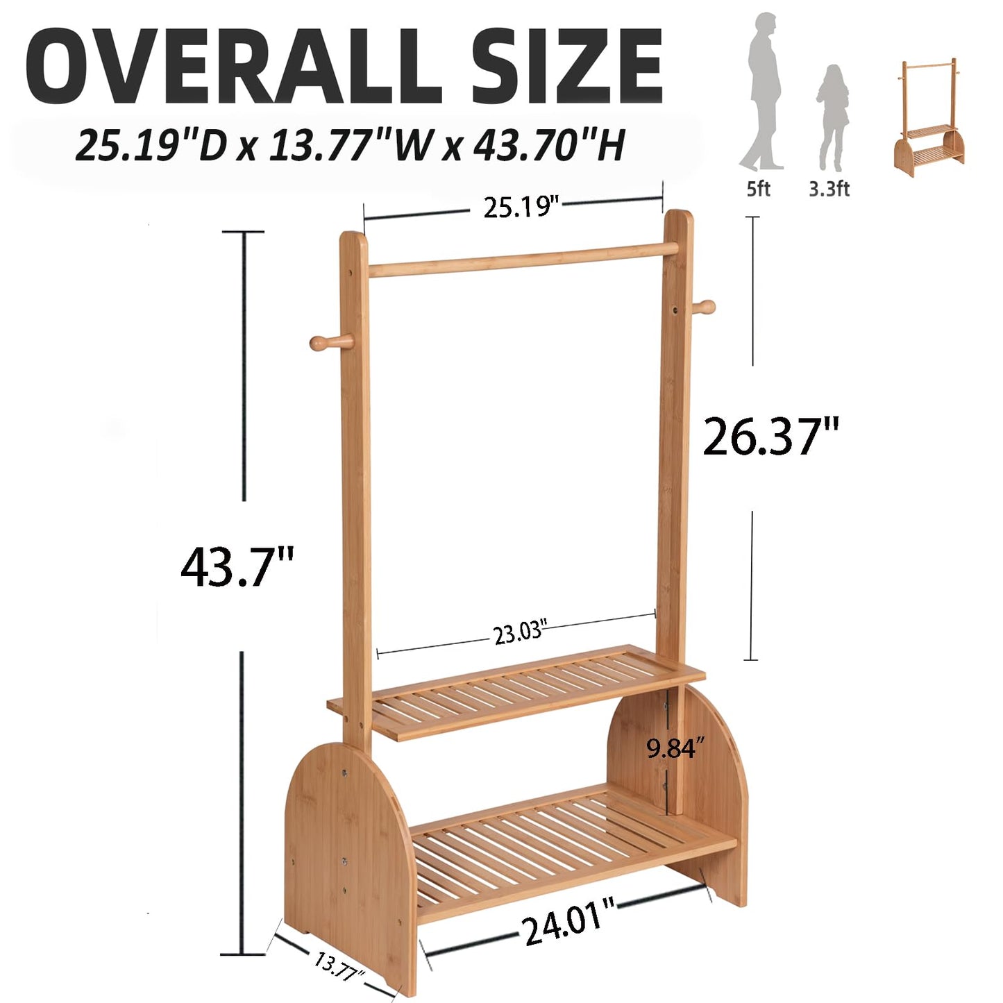 BAMBOOHOMIE Kids Clothing Rack With Adjustable Rods, Children Clothes Garment Rack for Baby Pet, Dress Up Rack With 2 Bottom Shelves, Wardrobe Closet for Toddlers Nursery