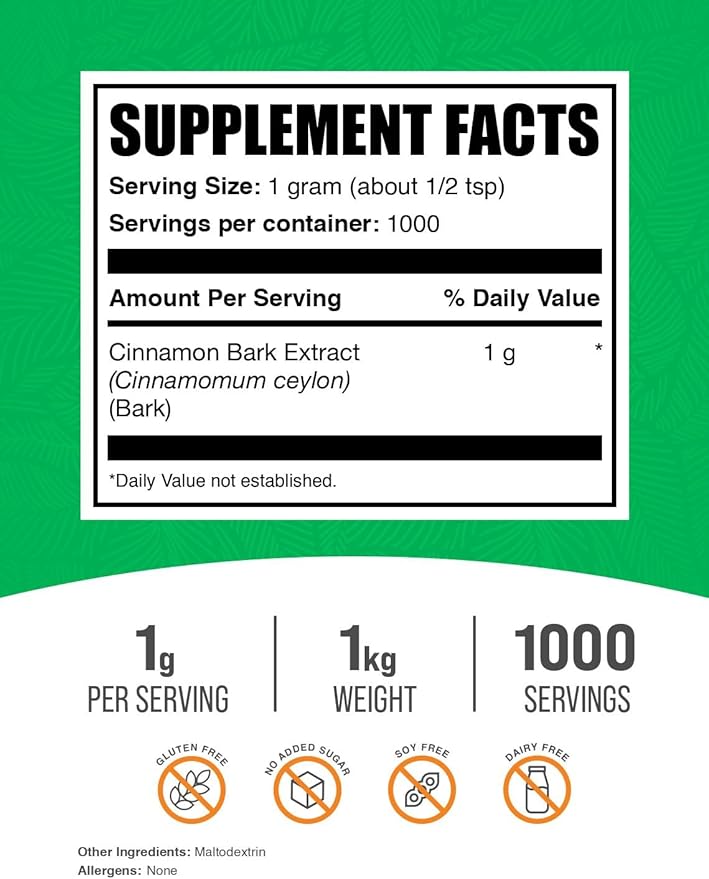 BulkSupplements.com Ceylon Cinnamon Extract Powder - Cinnamon Extract, Cinnamon Ceylon - Cinnamon Supplement, Pack of 1 - Gluten Free & Soy Free, 1000mg per Serving, 1kg (2.2 lbs)