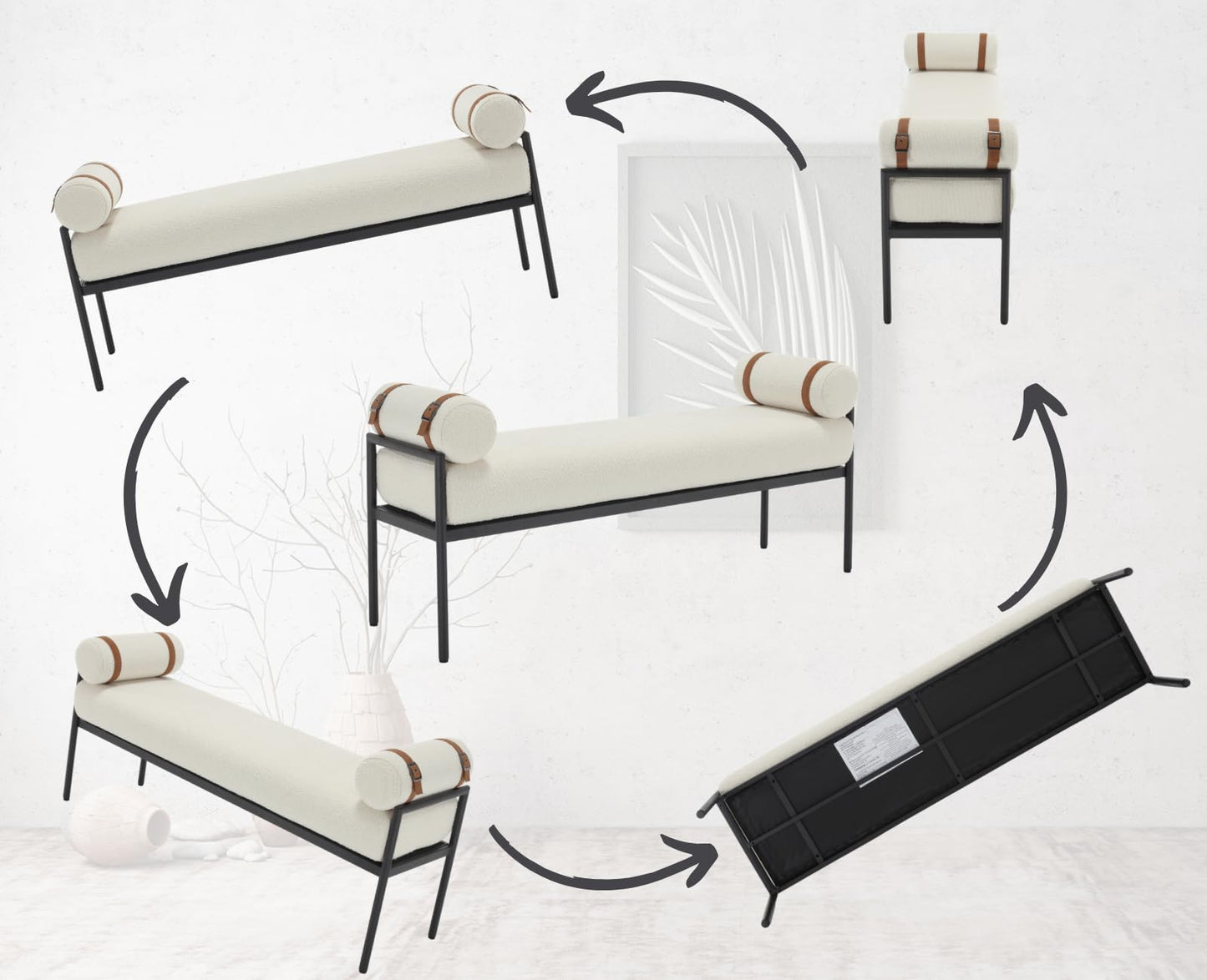 Shunzhi White Sherpa Modern End of Bed Bench Upholstered Entryway Bench with Detachable Cylindrical Pillows/Metal Legs Boucle Ottoman Bench for Living Room/Bedroom/Hallway/Corner, 55Inch