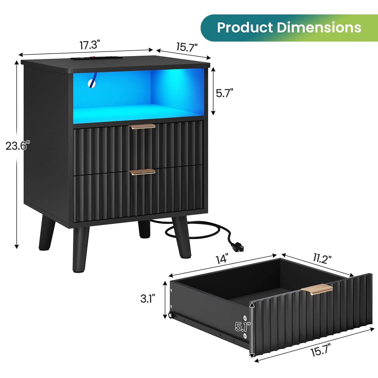 AOGLLATI Fluted Nightstand Set of 2 with Charging Station, Black LED Nightstand with 2 Drawers and Open Storage Cubby, Modern Bedside Table with LED Lights & Metal Handle for Bedroom