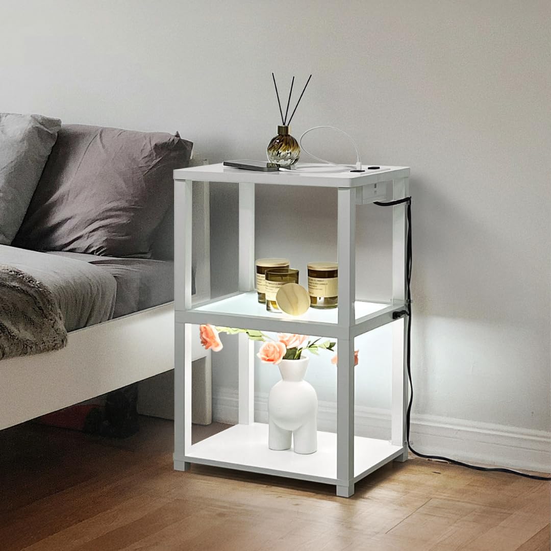 FENLO Nightstand with Charging Station, Small End Table with Charging, Side Table with Storage – Minimalist Nightstand for Bedroom or Small Spaces Flare
