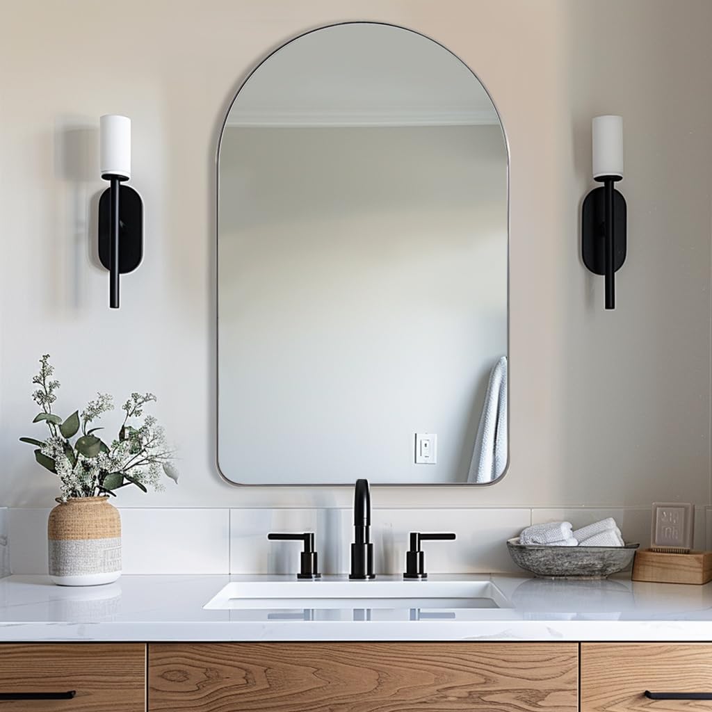 ANDY STAR Chrome Mirror, 22 x 35 Inch Arch Mirror in Stainless Steel Metal Frame, Chrome Arched Bathroom Mirror, Arch Top Rounded Corner 1 Inch Deep Set Design Wall Mount Hangs Vertical