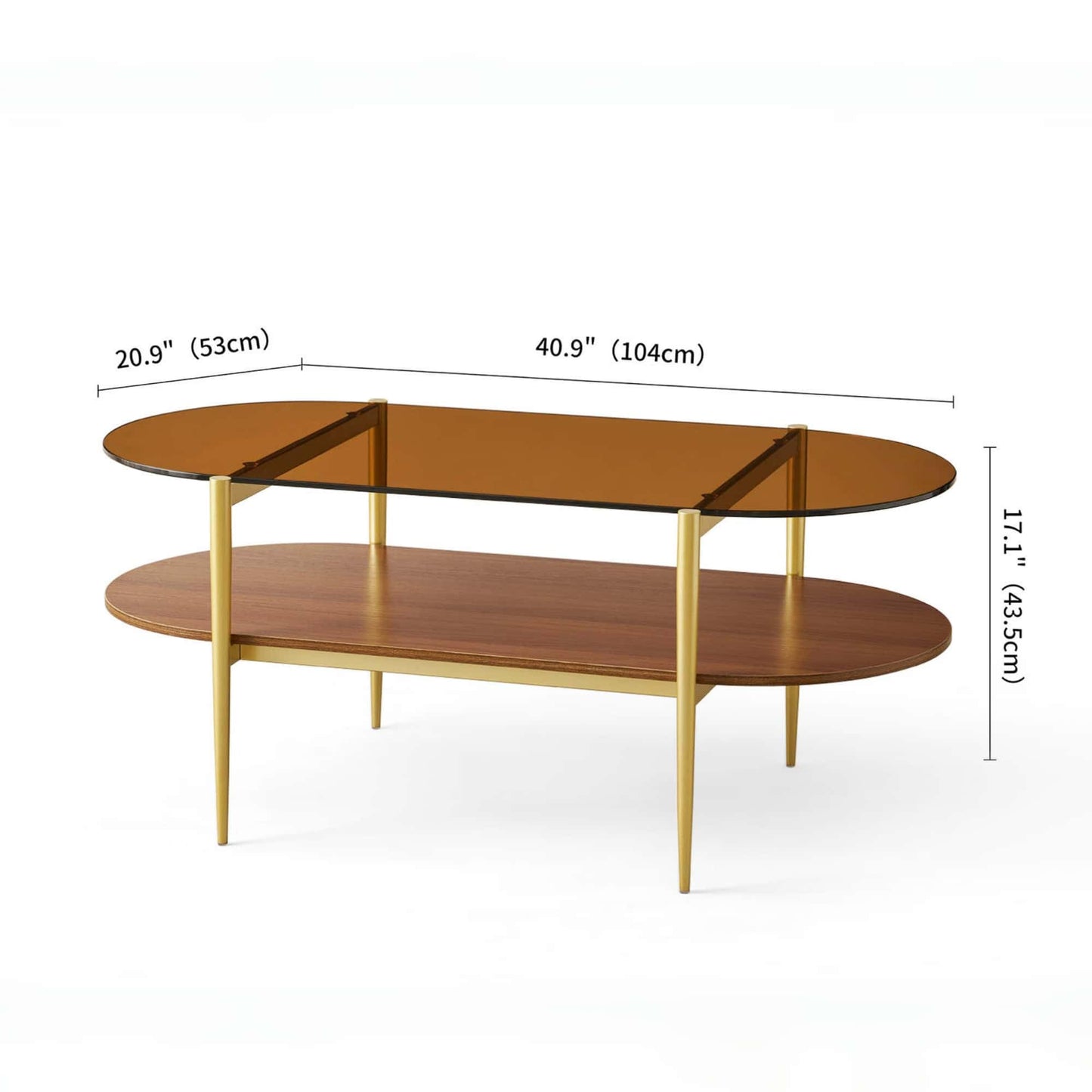 LumFurn Oval Glass Coffee Table, Mid-Century Modern Design, L41 x W21 x H17 inch, for Living Room, 2-Tier Structure, Amber Glass Top and Walnut Finish Wood Shelf, Conical Legs with Gold Finish Frame