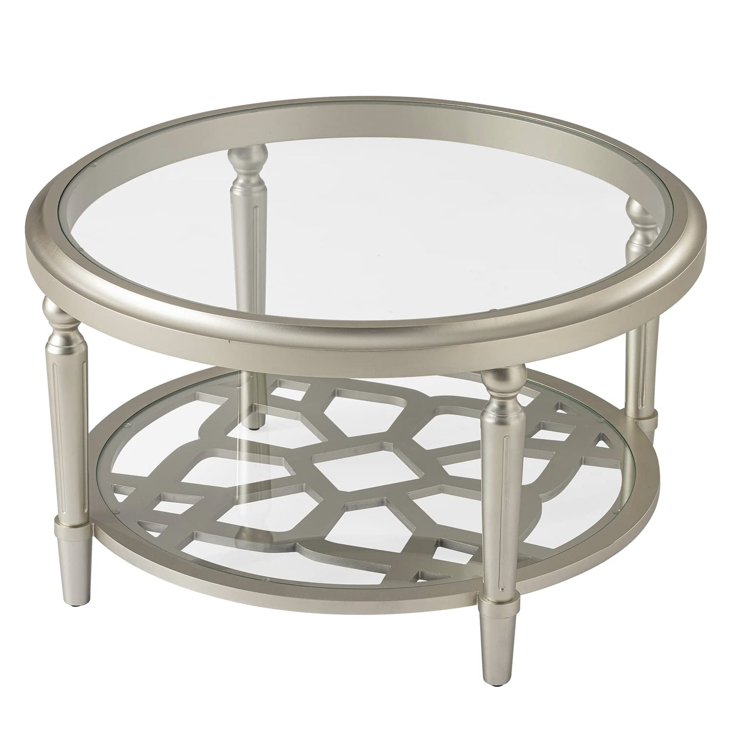 COSIEST Glass Coffee Table, 32" Round Coffee Tables with Storage, 2-Tier Glass Top, Clear Coffee Table, Simple & Modern Center Table for Living Room or Home Office (Champagne)