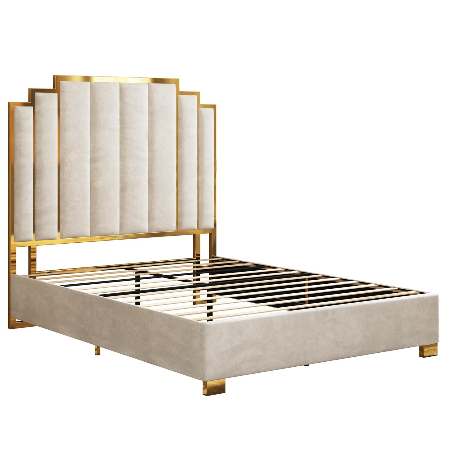 AMERLIFE Queen Size Upholstered Bed, Modern Velvet Bed Frame with 61.4” Tall Gold Trim Headboard, No Box Spring Needed, Cream