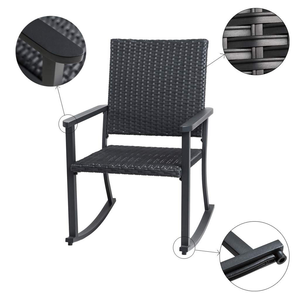 C-Hopetree Outdoor Rocking Chair, Outside Patio Porch Rocker, Metal Frame, Black All Weather Wicker