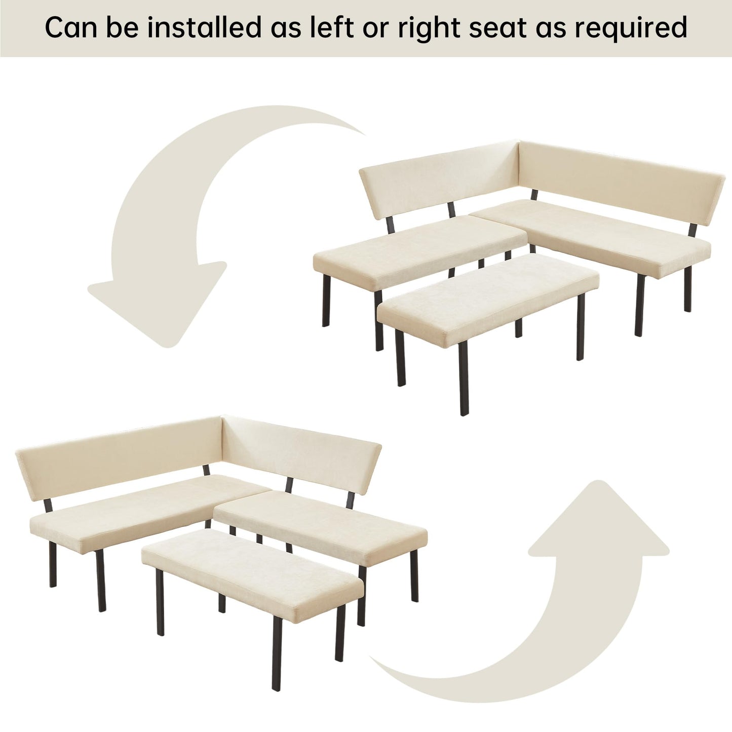 HIPIHOM Modern L-Shaped Dining Bench, 67 Inch Fabric Upholstered Corner Sofa with Metal Legs for Kitchen Nook, Living Room, Dining Room (Beige)