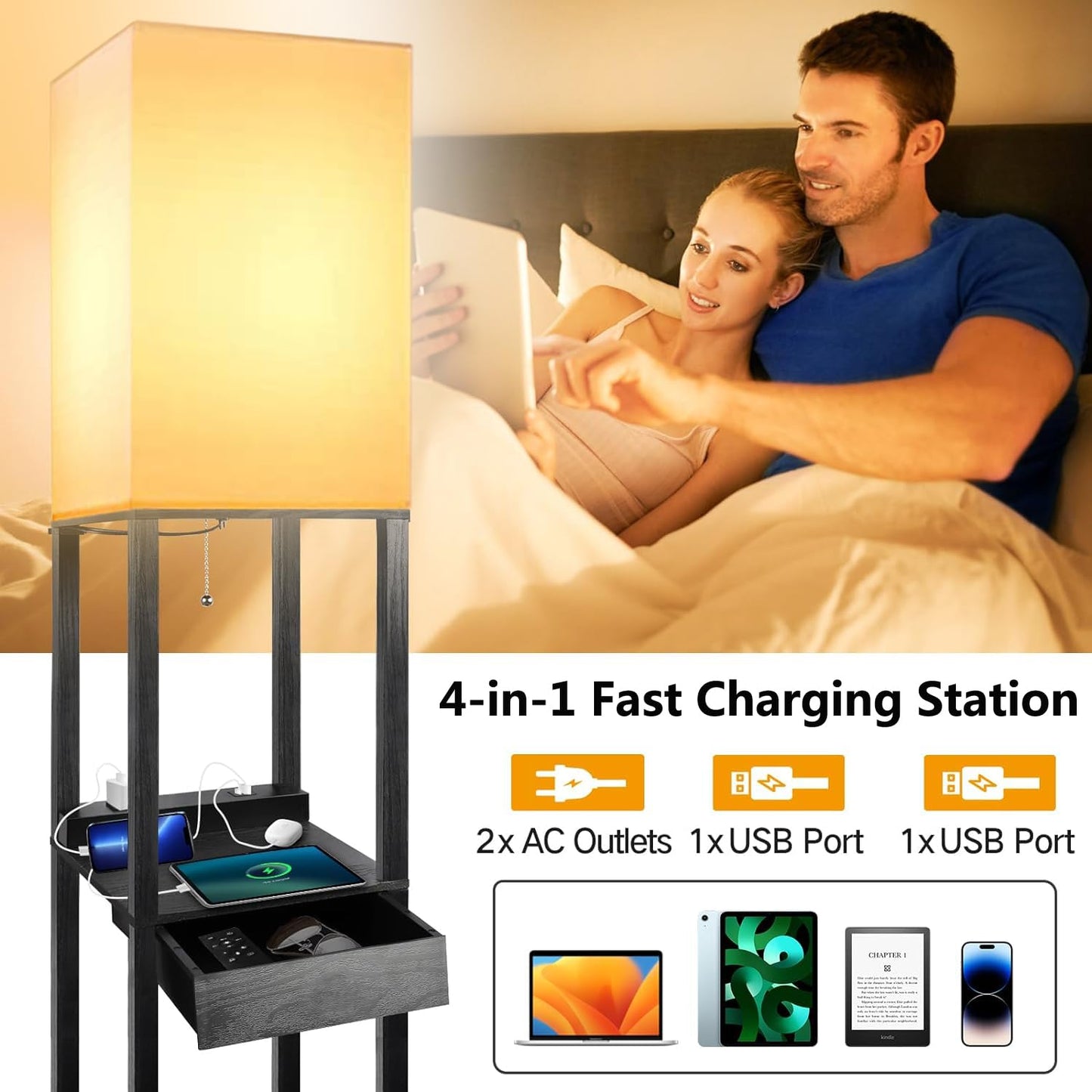 Assemer Shelf Floor Lamps for Living Room,Tall Standing Lamp with Shelves and Drawer,2 USB Charging Ports & 2 Power Outlet,Bright 3CCT LED Bulb Included - Black