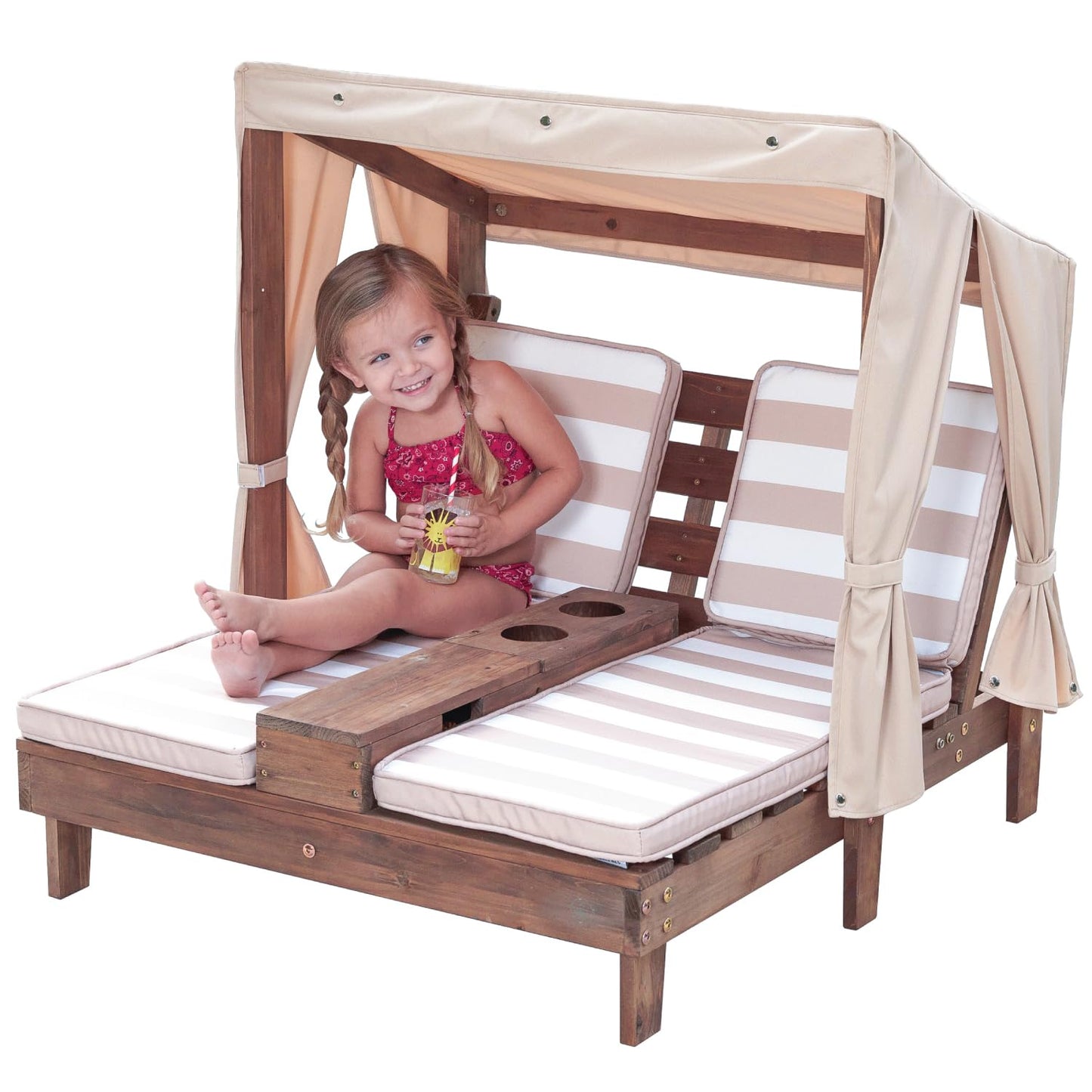 KidKraft Wooden Outdoor Double Chaise Lounge with Cup Holders, Patio Furniture for Kids or Pets, Espresso with Oatmeal and White Striped Fabric