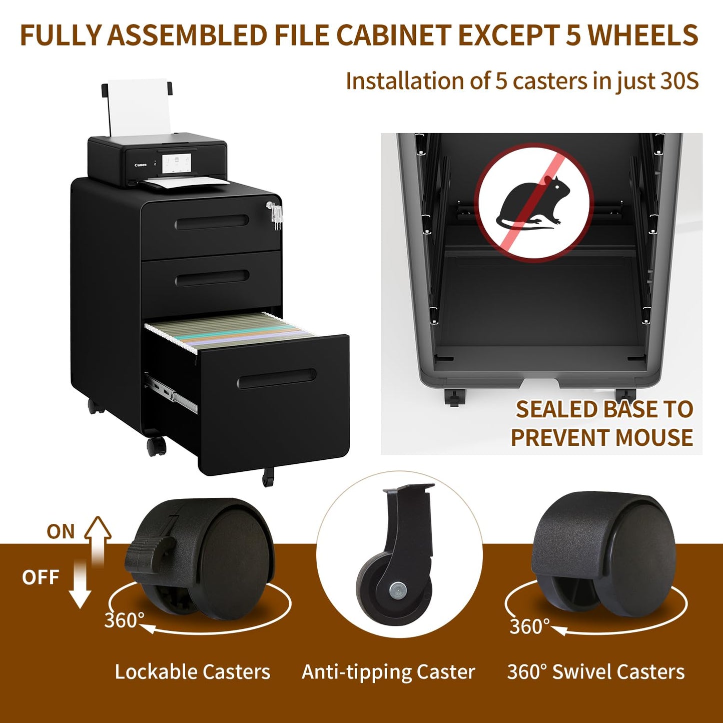 LVSTEEL 3 Drawer File Cabinet with Lock and 4 Keys, Mobile Metal Filing Cabinet, File Cabinets for Home Office, Under Desk, Pre-Assembly, File Drawer, Letter/Legal/A4 Hanging File Folders