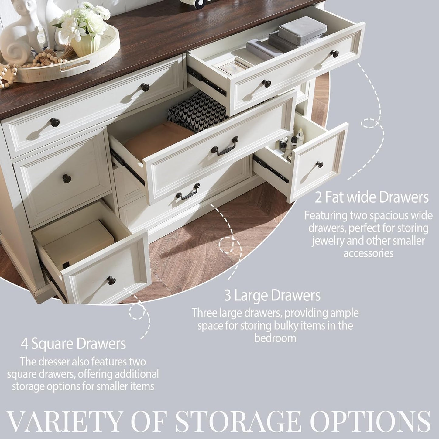 IFGET Farmhouse 9 Drawers Dresser for Bedroom, 60" Wide Wood Rustic Chest of Drawers, Large Storage Dressers Organizer for Bedroom, Living Room, Hallway, Dining Room-White