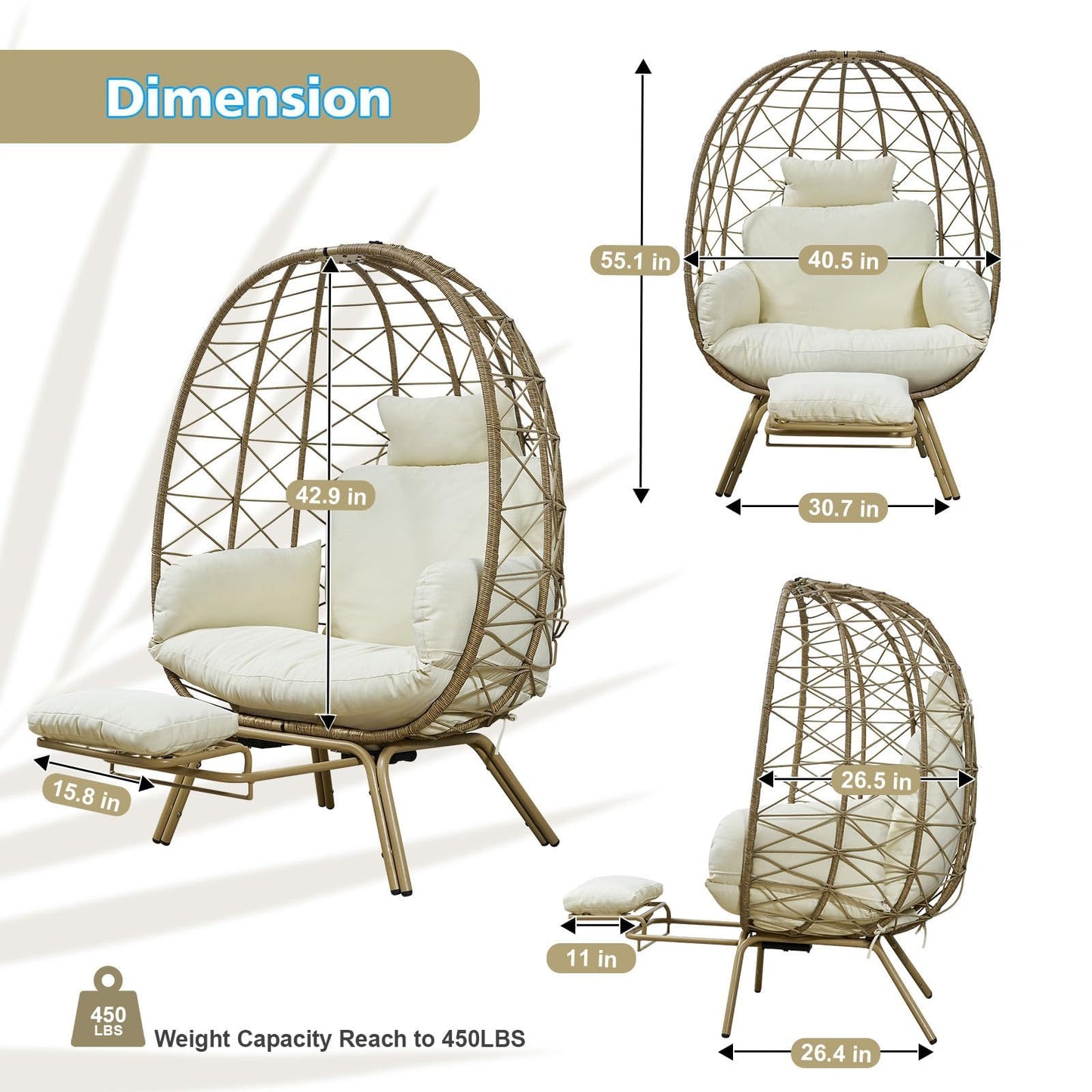 Outlux Wicker Egg Chair with Cushion & Footrest - Oversized 450lb Capacity Boho Hanging Chair for Indoor/Outdoor - Beige Rattan Lounge Seat for Patio, Balcony, Garden, Home