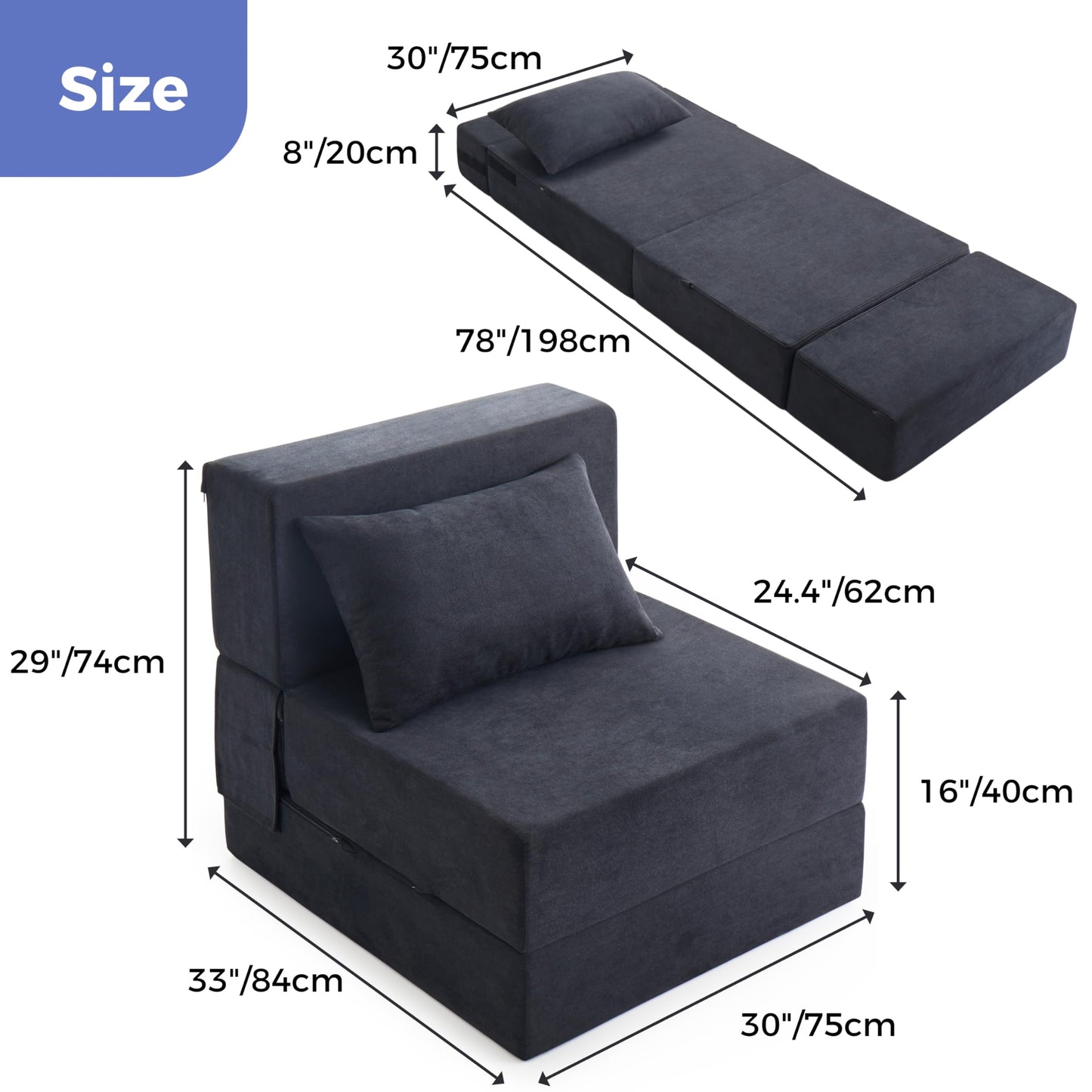 Jamdok 6 in 1 Convertible Folding Sofa Bed with Pillow,8 inches Thick High Density Foam Foldable Mattress,Single Sleeper Chair for Living Room/Dorm/Guest Use/Home Office/Apartment