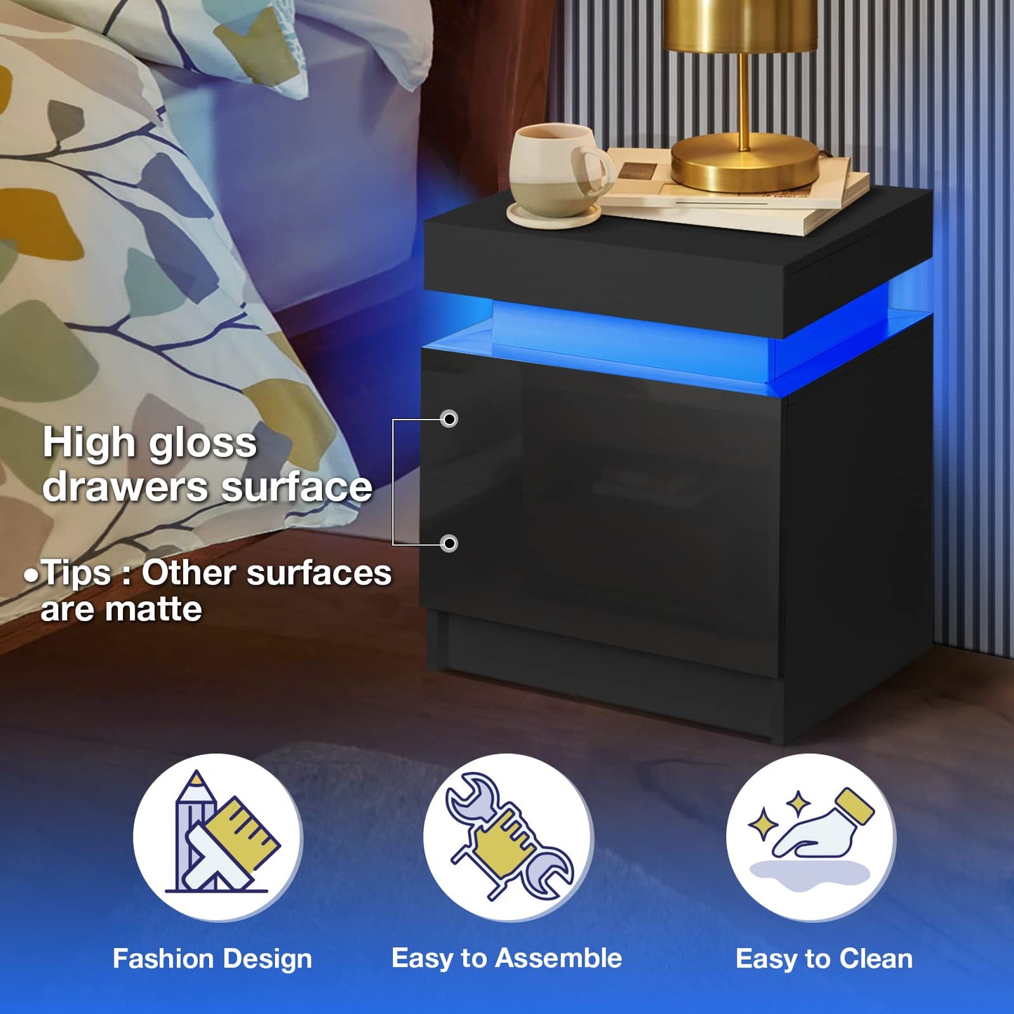 HOMMPA LED Nightstand - Modern Black Night Stand with 2 High Gloss Drawers - 20.5' Tall