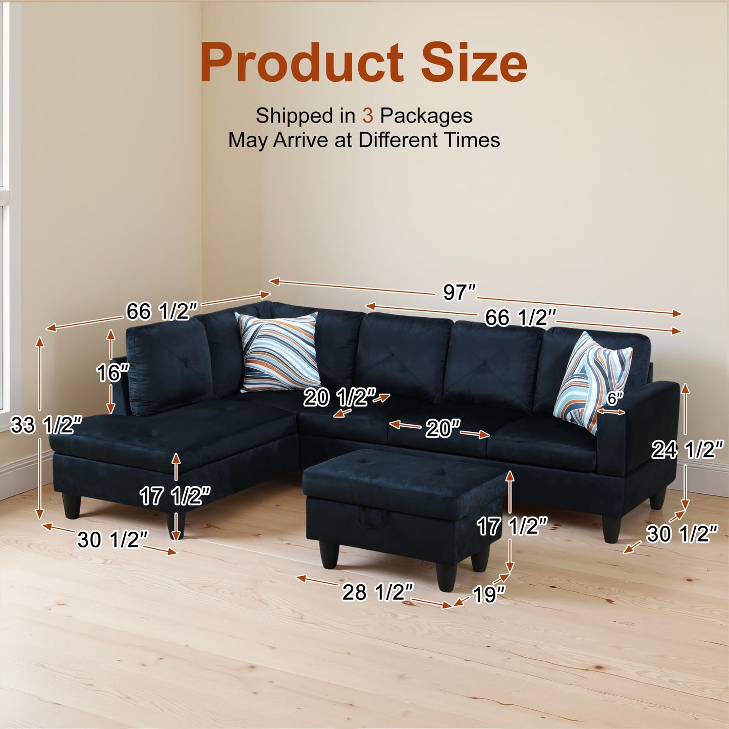 Osparple L Shaped Couch Sectional Couches for Living Room Upholstered Microfiber 3 Pieces Modular Sectional Sofa with Chaise, Ottoman with Storage for Small Apartment, Midnight Blue