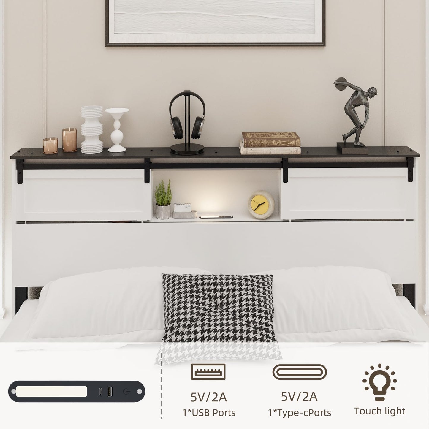 QNICE King Size Wooden Bed Frame with Storage Headboard, LED Lights & Charging Station, Sliding Barn Door, Farmhouse Wood Platform Bed with Metal Slats Support, Boho White