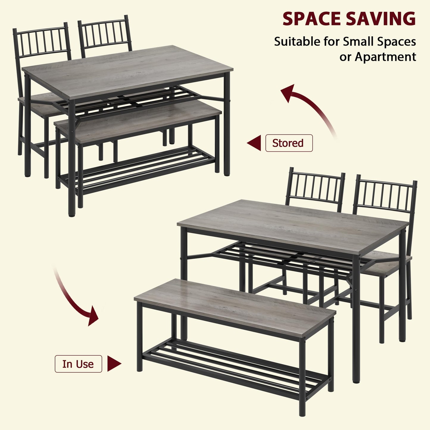 GAOMON Dining Table Set for 4 with Bench and 2 Chairs, Rectangular Kitchen Table Set with Wine Rack, Dining Room Table Set for 4 with Storage Benches for Small Space, Apartment, Rusric Grey