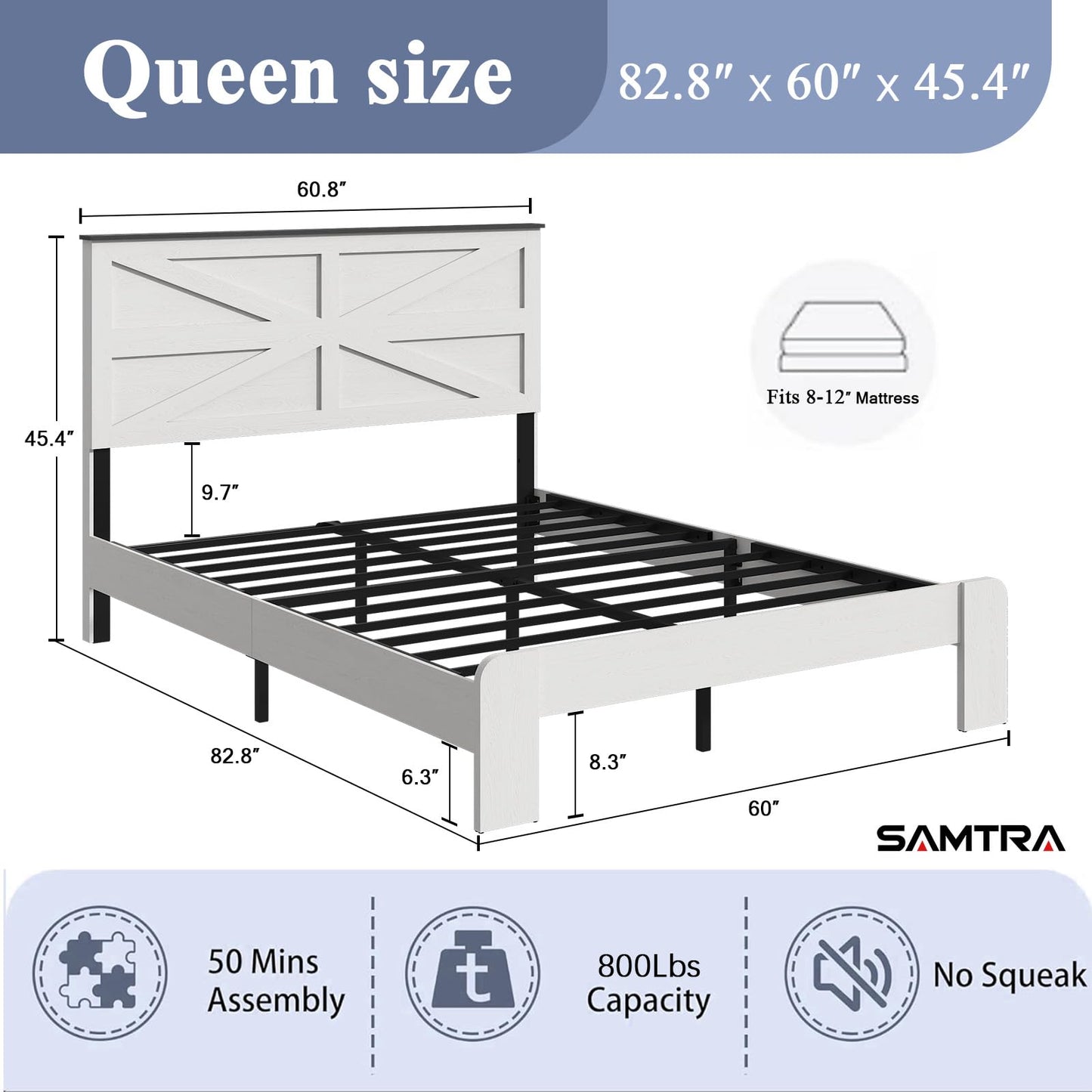 SAMTRA Wooden Bed Frame Queen Size with Headboard, Farmhouse Platform Bedframe with Wood Slat Support, Sturdy Framework Bed Frame, Easy Assembly (Rustic White)