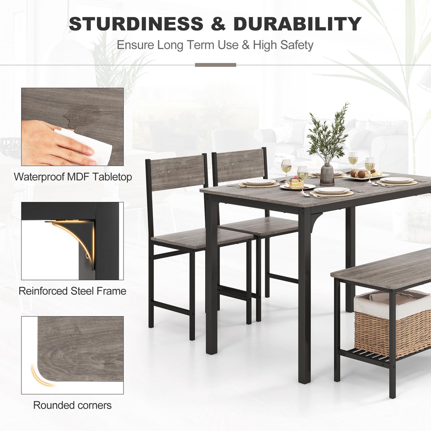 ReunionG Dining Table Set for 4, Modern Dinette with 1 Bench & 2 Chairs, Storage Shelf, 4-Piece Kitchen Table for Small Space, Apartment, Dining Room, Restaurant (Grey)