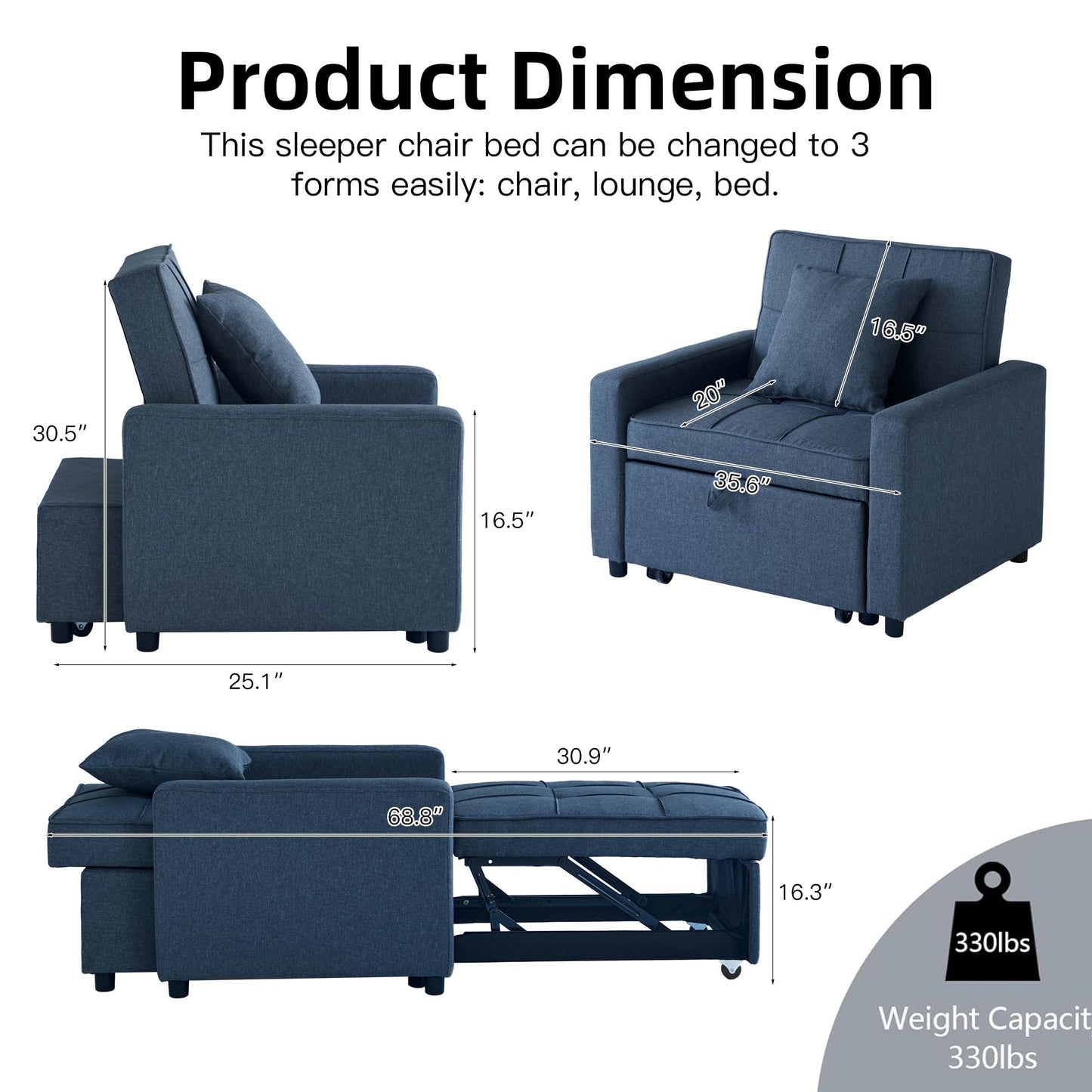 Yosonch Sofa Bed Chair Convertible ，Sleeper Sofa with Pull-Out Bed ，3-in-1 Futon Couch with Reclining Backrest and Side Pocket (Blue, 35.6‘)