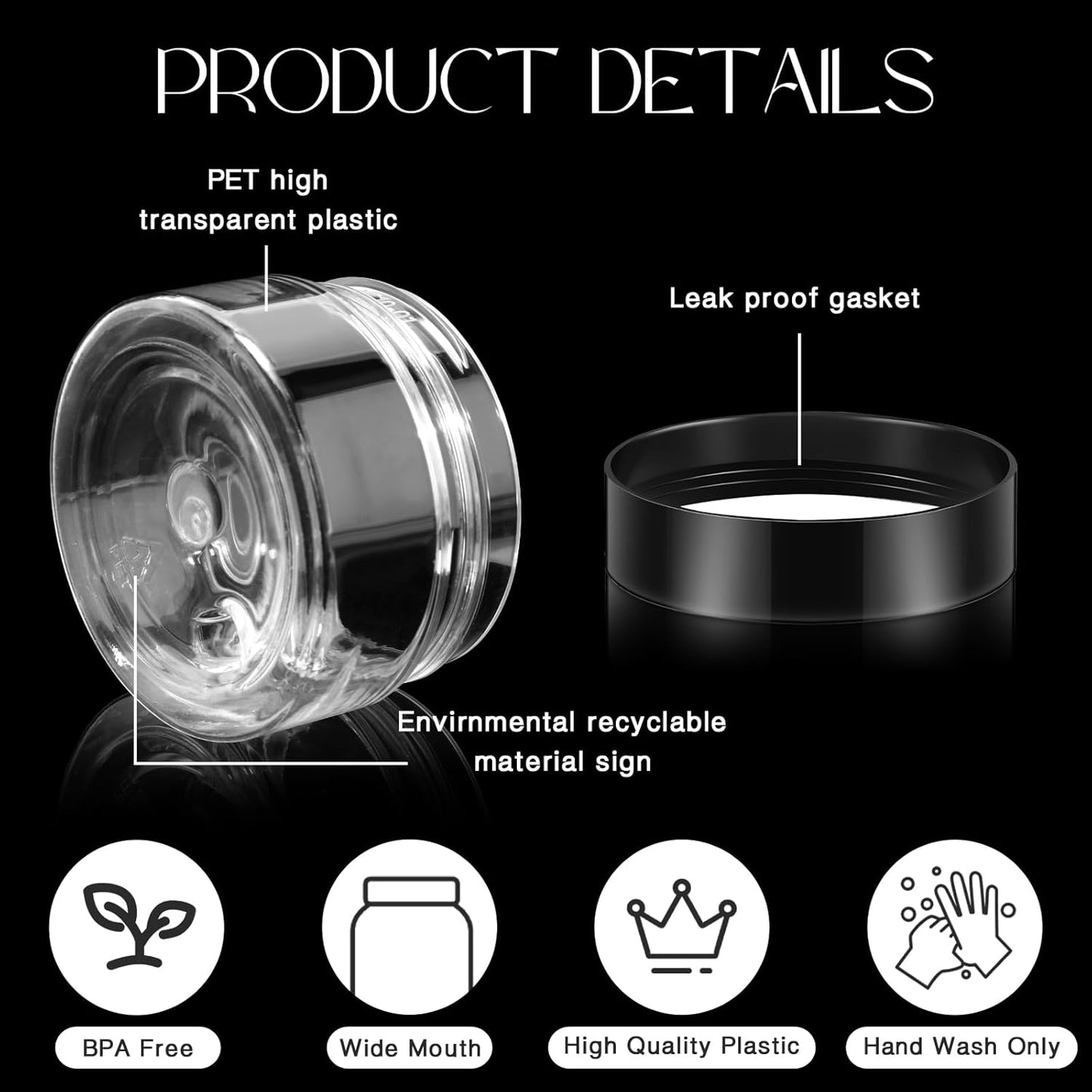 SATINIOR 100 Pcs Plastic Jars with Lids Small Containers Lids Wide Mouth Small Plastic Containers for Lotion Cream Rhinestones Body Butters Travel Storage(6 oz,Black)