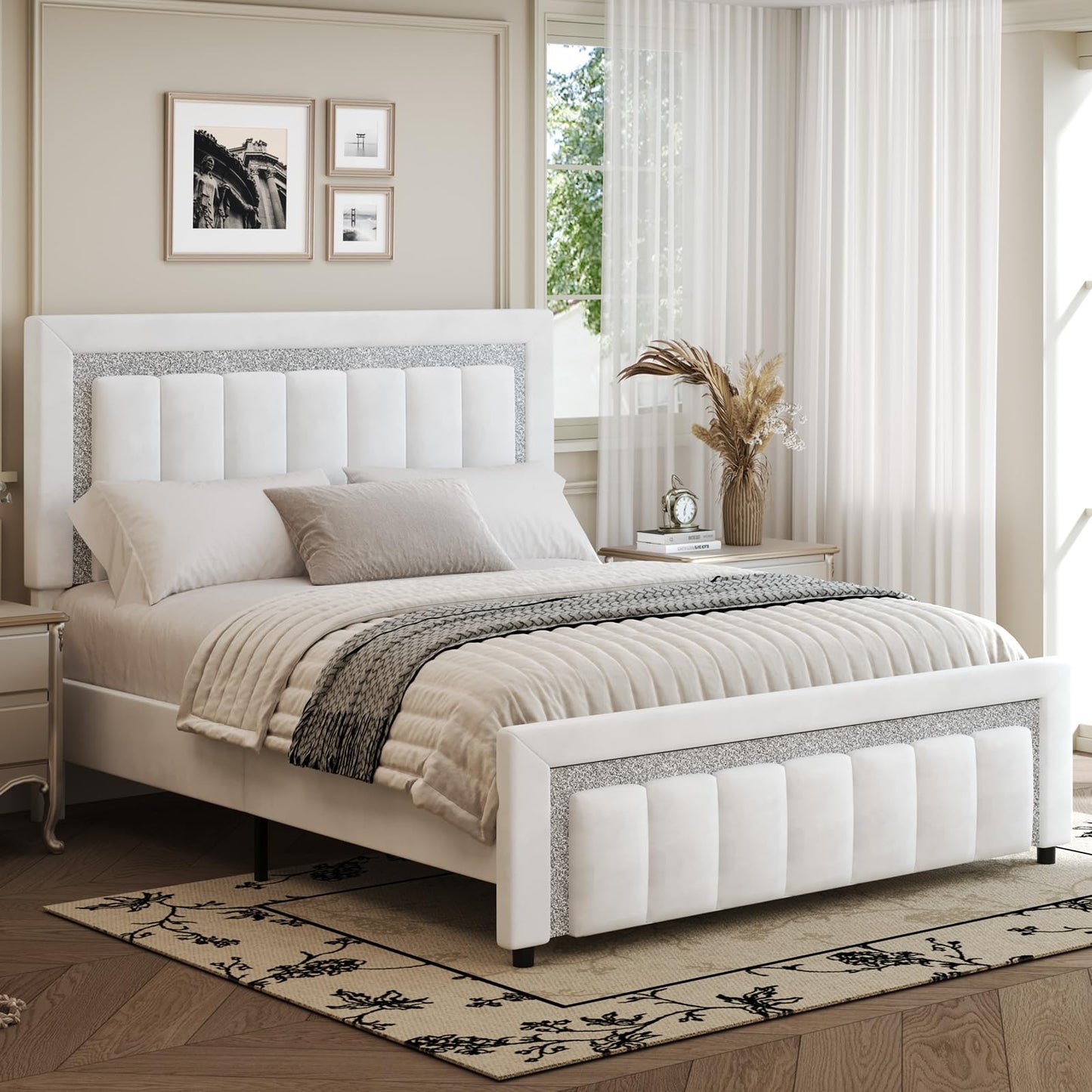 HOMBCK Queen Bed Frame, Upholstered Platform Bed with Headboard and Footboard, Bed Queen Size with Diamond Design and Wooden Slats Support, No Box Spring Needed, Easy Assembly, White