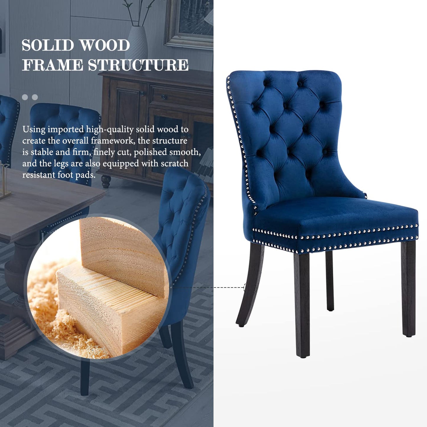 Eifizek Velvet Dining Chairs Set of 6, Tufted Dining Room Chairs with Nailhead Ring Pull Trim, Upholstered Dining Chairs with Solid Wood Legs for Kitchen Dining Room, Sillas De Comedor (Blue)