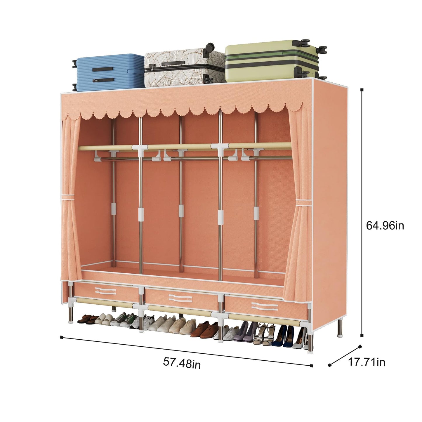 LEAIJIAFY Portable Armories Wardrobe, 65" Tall, Metal Frame with Cute Pink Non-Woven Cover, 3 Hanging Areas, Drawers and Shelves,for Small Room Clothing Storage