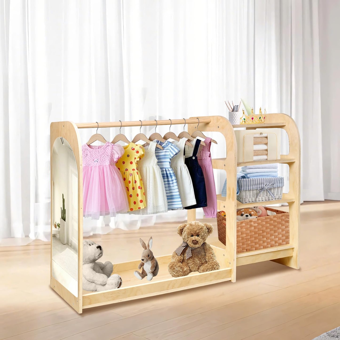Kids' Dress Up Storage Closet with Mirror, 31.5 Inch Kids Wardrobe Closet with Shelves for Girls and Boys, Wooden Costume Organizer for Bedroom, Classroom, Playroom