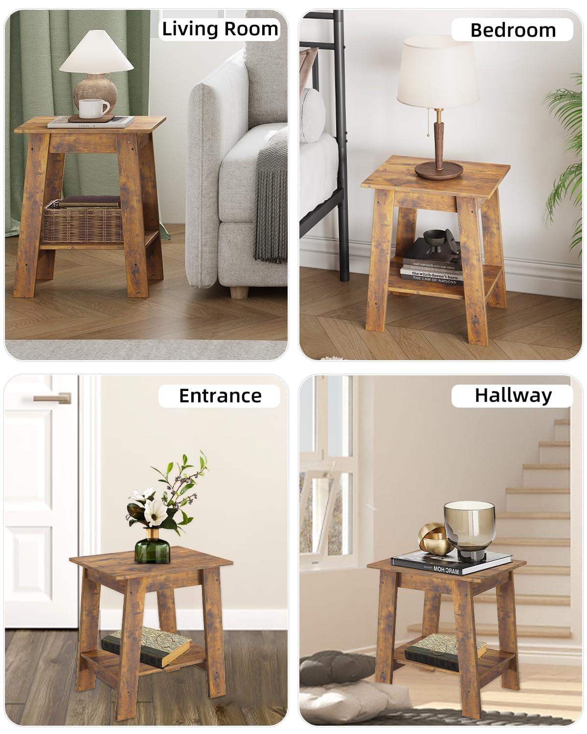 End Table, Small Side Table, Nightstand with 2 Tier Storage Shelf, Set of 2 Narrow Side Table for Living Room, Small Spaces, Bedroom, Entryway, Farmhouse, Brown