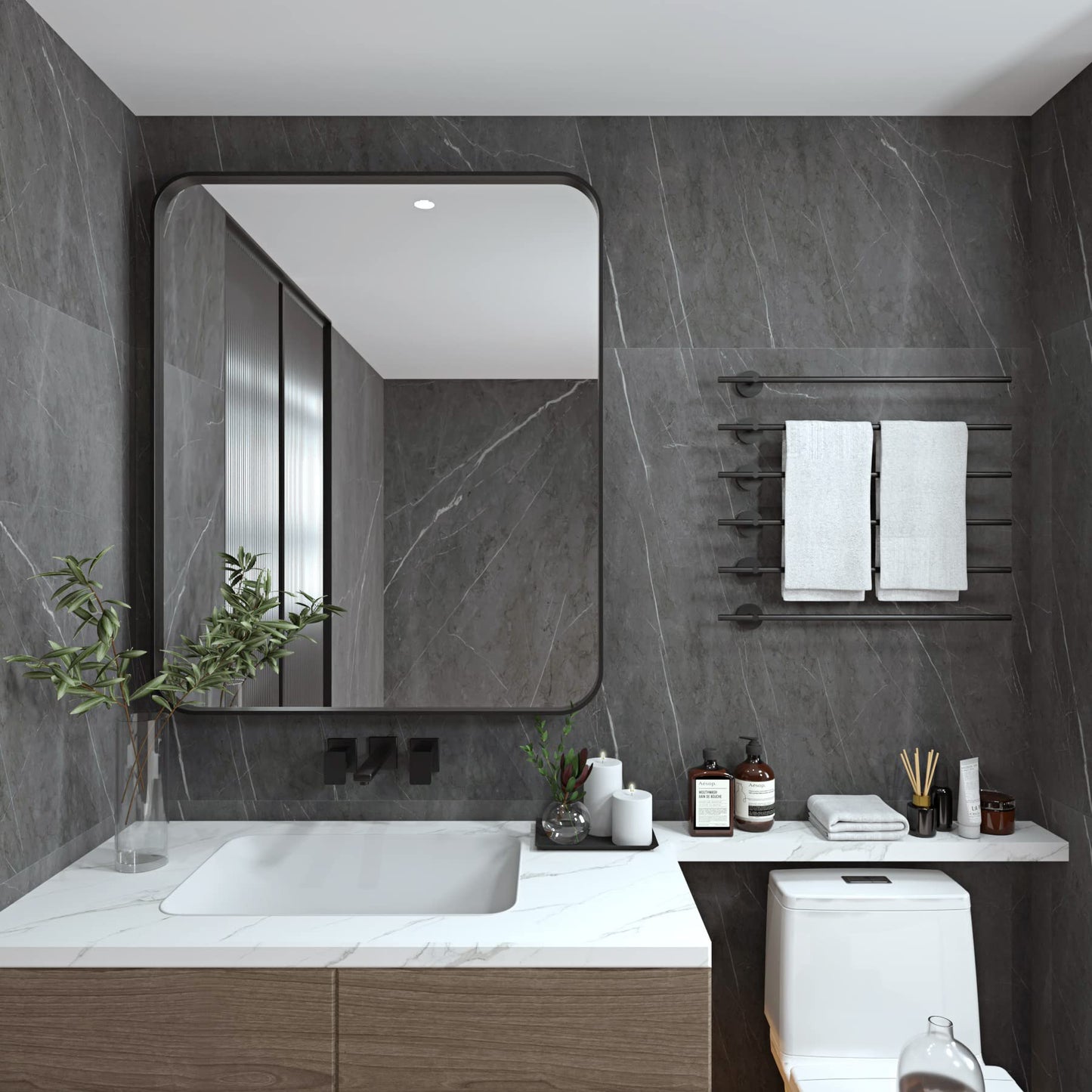 ANDY STAR Mirror for Bathroom 24X36 Inch, Matte Black Mirror, Modern Black Vanity Mirror, Rounded Rectangle Mirror Metal Framed Mirror Wall-Mounted Mirrors Hang Vertically/Horizontally