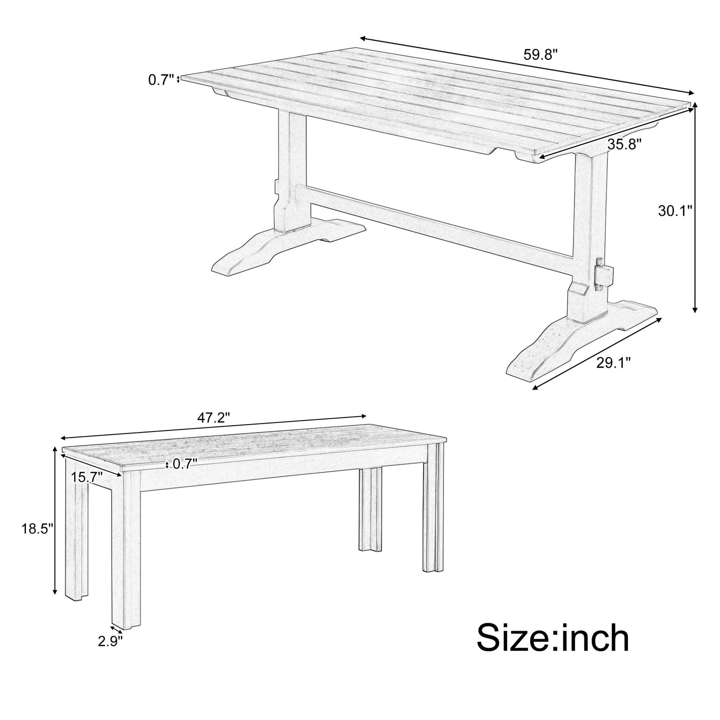 Harper & Bright Designs 3 Pieces Dining Table Set with Bench, Retro Rectangular Trestle Table and 2 Wood Benches for 4 People for Dining Room and Kitchen (Natural Wood)