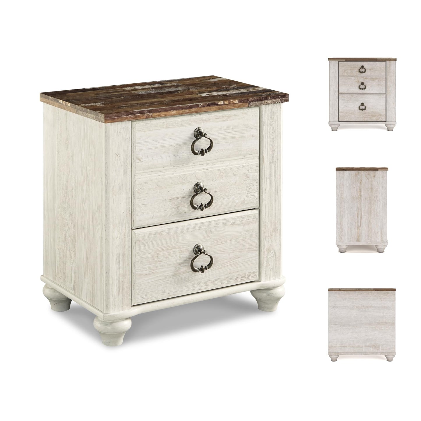 Signature Design by Ashley Willowton Farmhouse 2 Drawer Nightstand with USB Charging Ports, 25.67" Tall, Whitewash