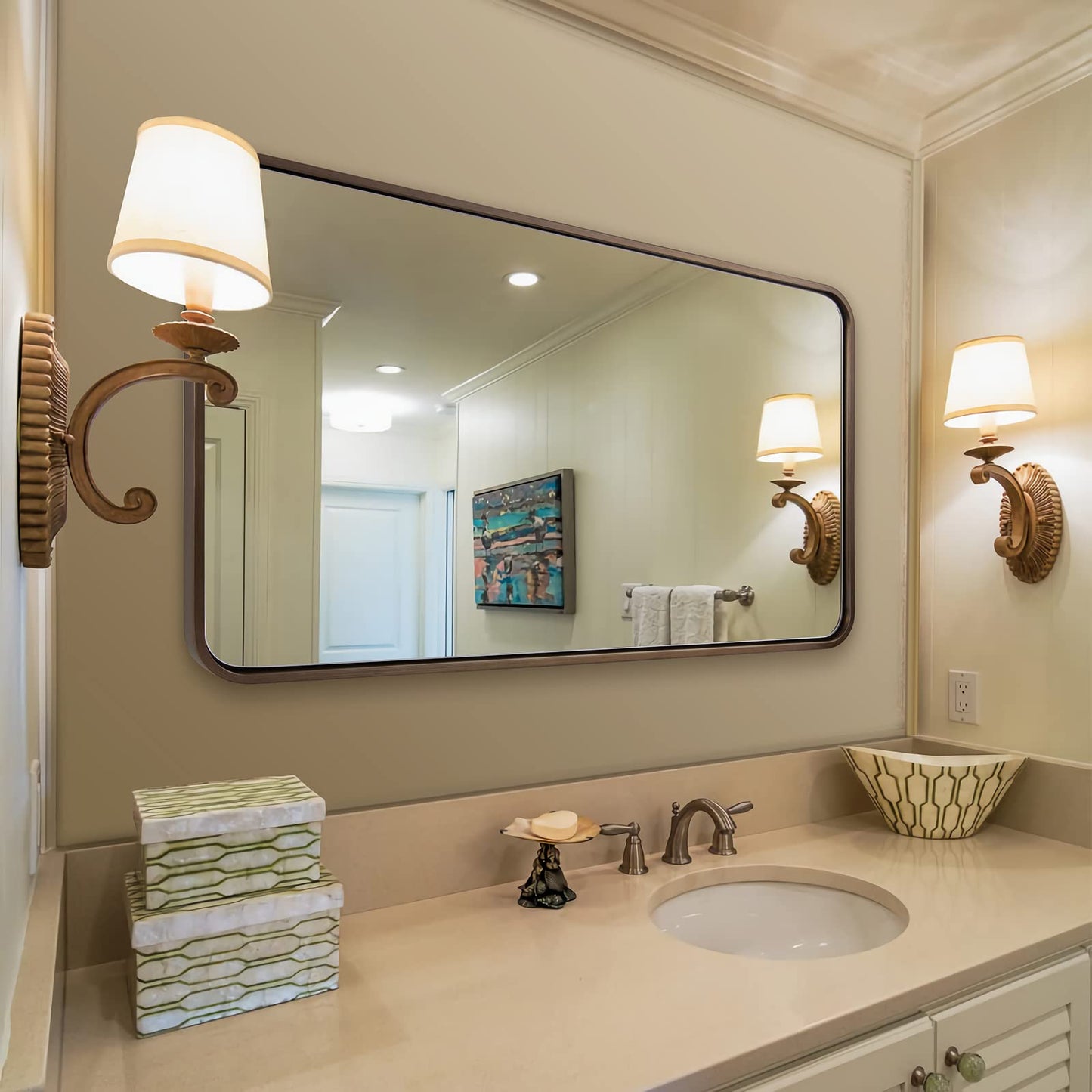 ANDY STAR Bronze Bathroom Mirror, 24x40’’ Rounded Rectangle Oil Rubbed Bronze Mirror in Premium Tube Metal Framed 1’’ Deep Wall-Mounted Mirror Horizontal/Vertical