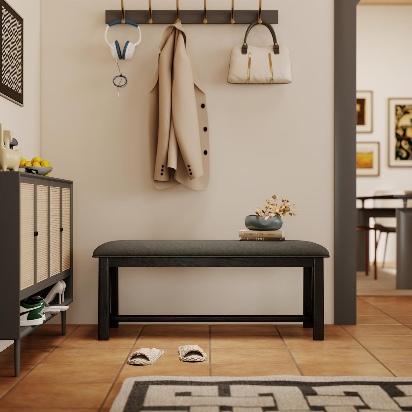 Kmax Entryway Bench, Upholstered Dining Bench with Solid Wood Legs Farmhouse Window Bench Rustic Bench Seat for Living Room Hallway Kitchen - Linen, Grey