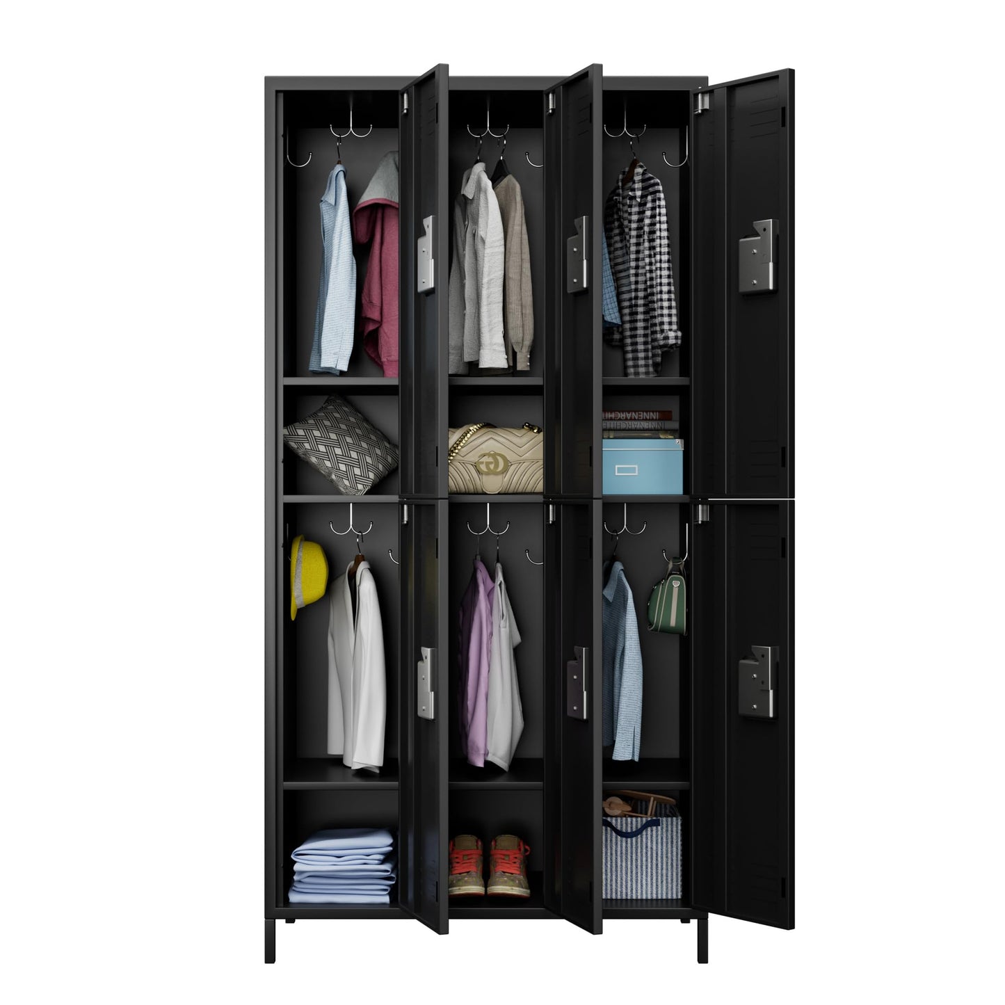 Aobabo Metal Locker for Employees, 6 Doors Metal Locker Cabinet with Lock, Industrial Storage with 18 Hooks, Storage for Office Gym, Dormitory, Assembly Required, Black