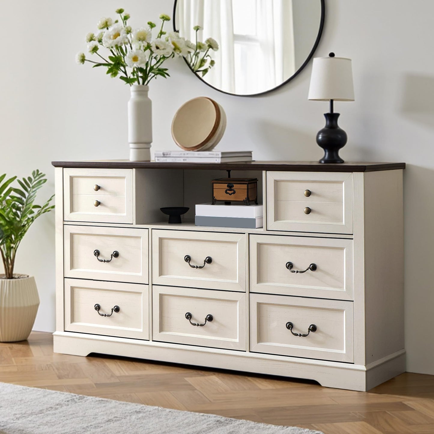 Homkdom White Dresser for Bedroom with Charging Station & Led Lights,55.02" TV Stand with 8 Drawers,Dressers & Chests of Drawers with Open Shelves,Hallway,Closet 55.02" W x 34.53" H x 15.77" D White