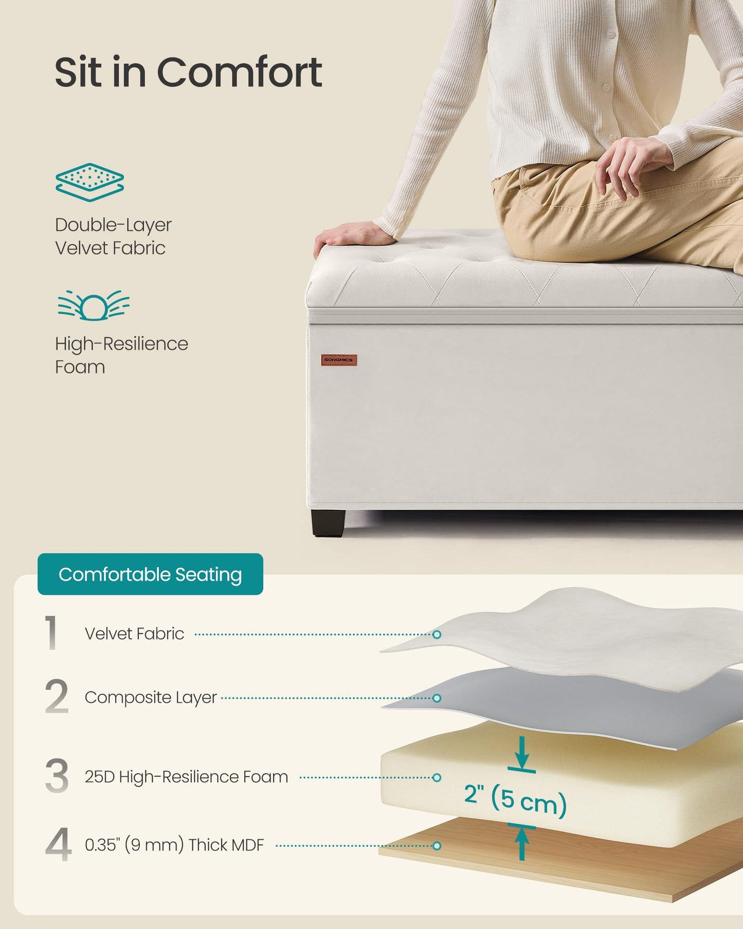 SONGMICS Velvet Storage Ottoman Bench, Foot Rest with Legs, 15.7 x 43 x 15.7 Inches, End of Bed Bench, Storage Chest, Load up to 660 lb, for Living Room, Bedroom, Entryway, Cream White ULSF089W01