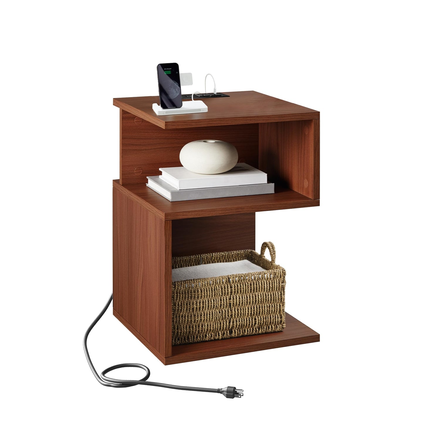 ODIKA Tokyo S Flip Minimalist 3 Tier End Table with Fast Charging Station - USB C Cable Wood Nightstand for Small Spaces with Open Storage Bedside Table for Bedroom (Reverse, Oak w/Charging)